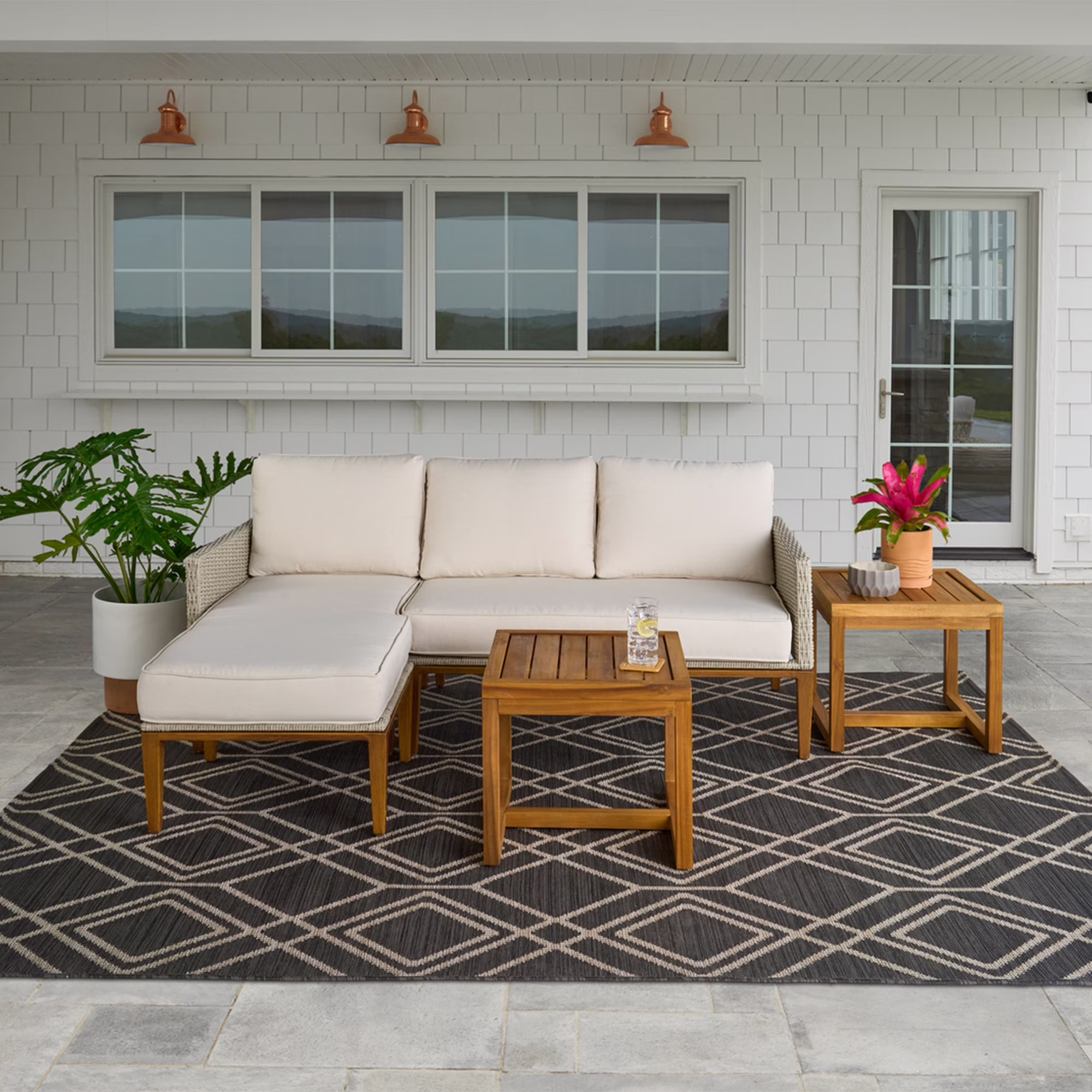 Better Homes & Gardens Outdoor Davenport 5pcs Sofa Lounger with Two Acacia Wood Table with Cushions - White