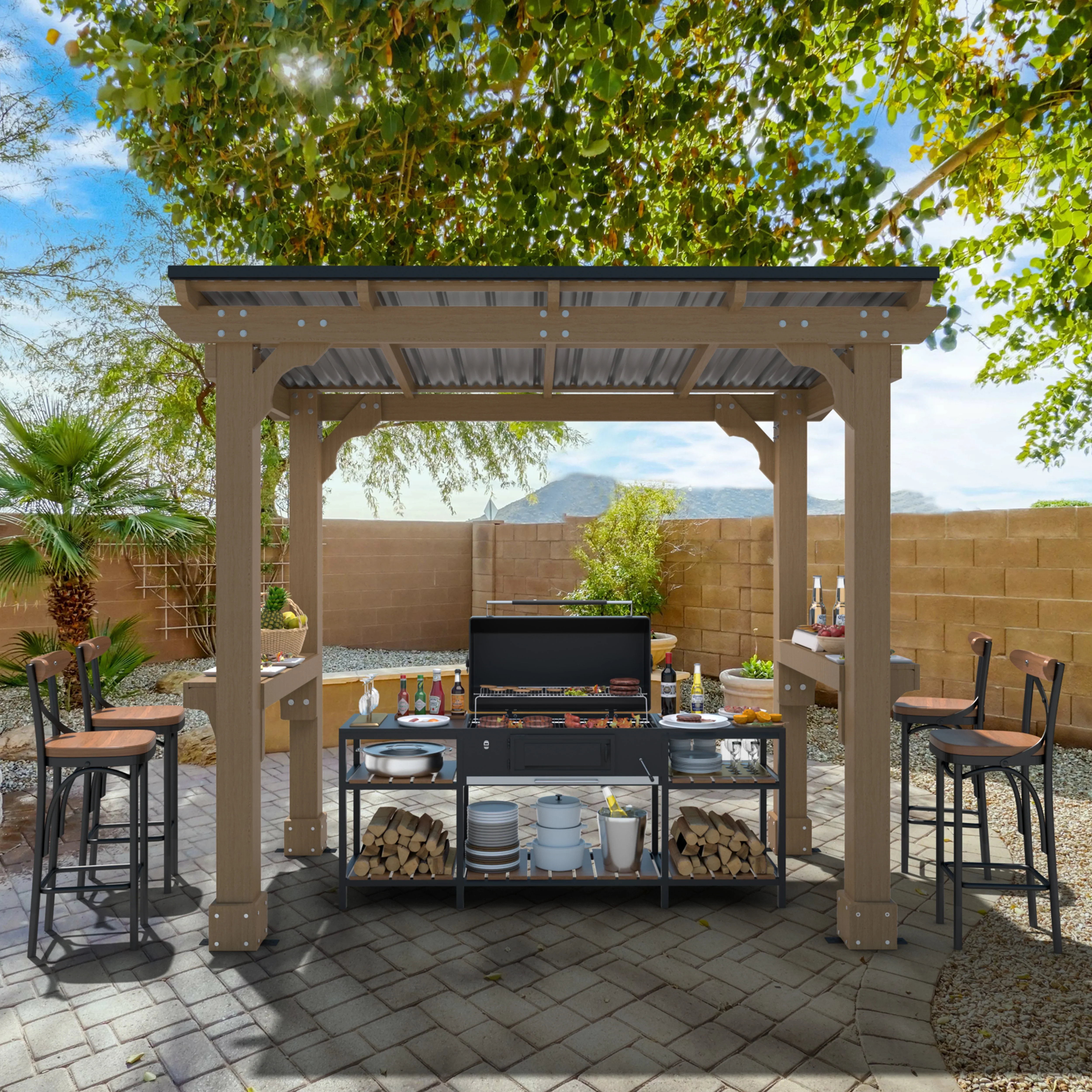 VEIKOUS 8' x 5' Outdoor Hardtop Gazebo, BBQ Grill Gazebo w/ Workstation Shelves for Lawn, Garden, Deck