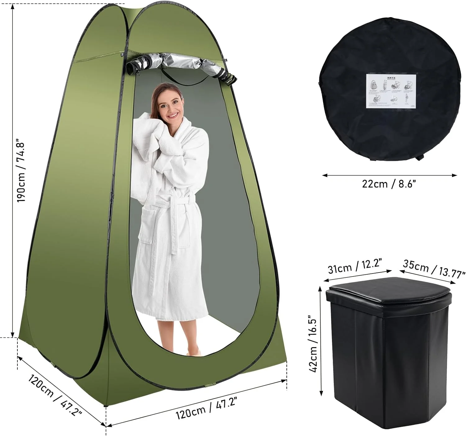 Portable Camping Toilet Kit for Adults, X Large Pop-Up Privacy Tent with Folding Toilet and Outdoor Shower Facilities(Green) - Image 6
