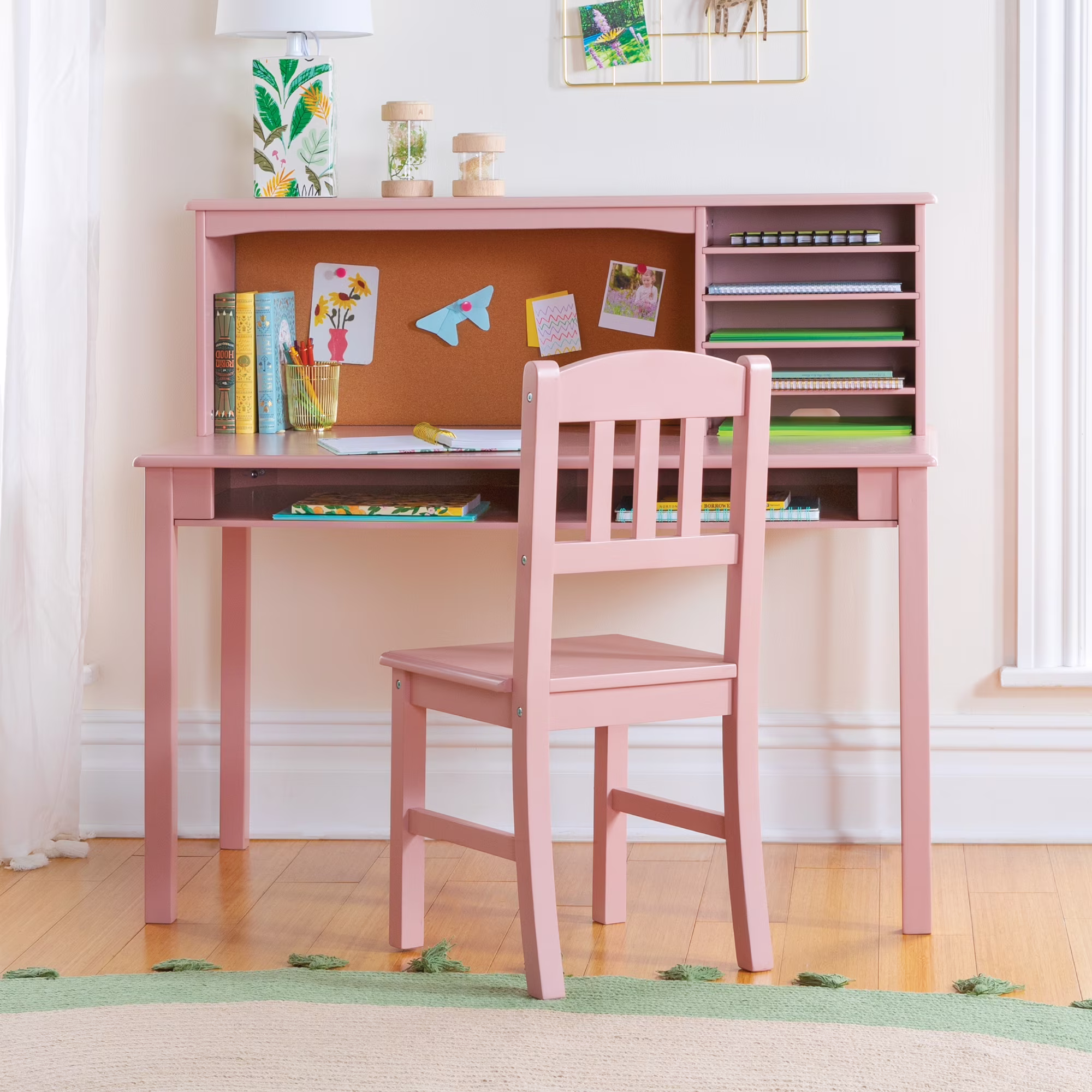 Kids Media Desk and Chair Set Gray: Kids Desk and Chair Set, Study Table for Kids with Hutch and Shelf, Wood Bedroom Furniture Set(Gray) - Image 5