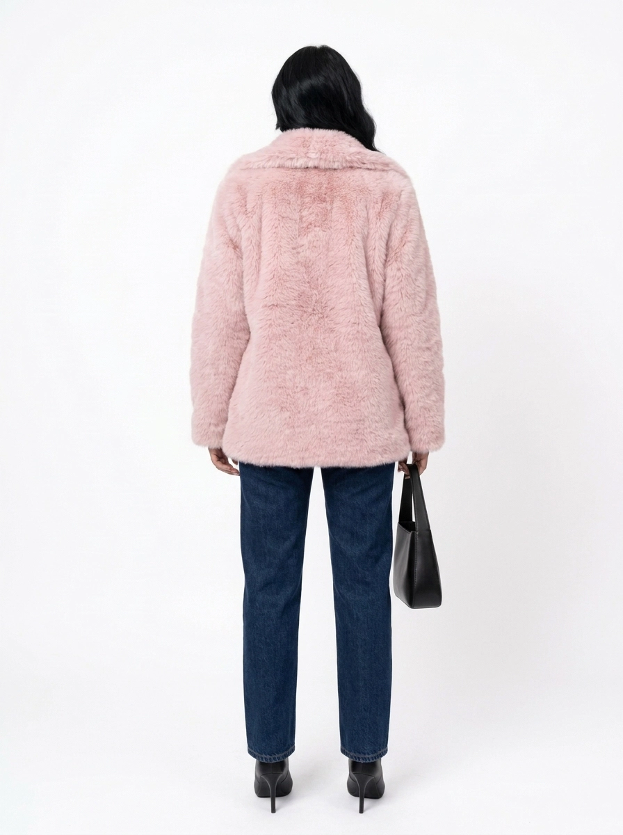 Back view of a women's pink faux fur coat
