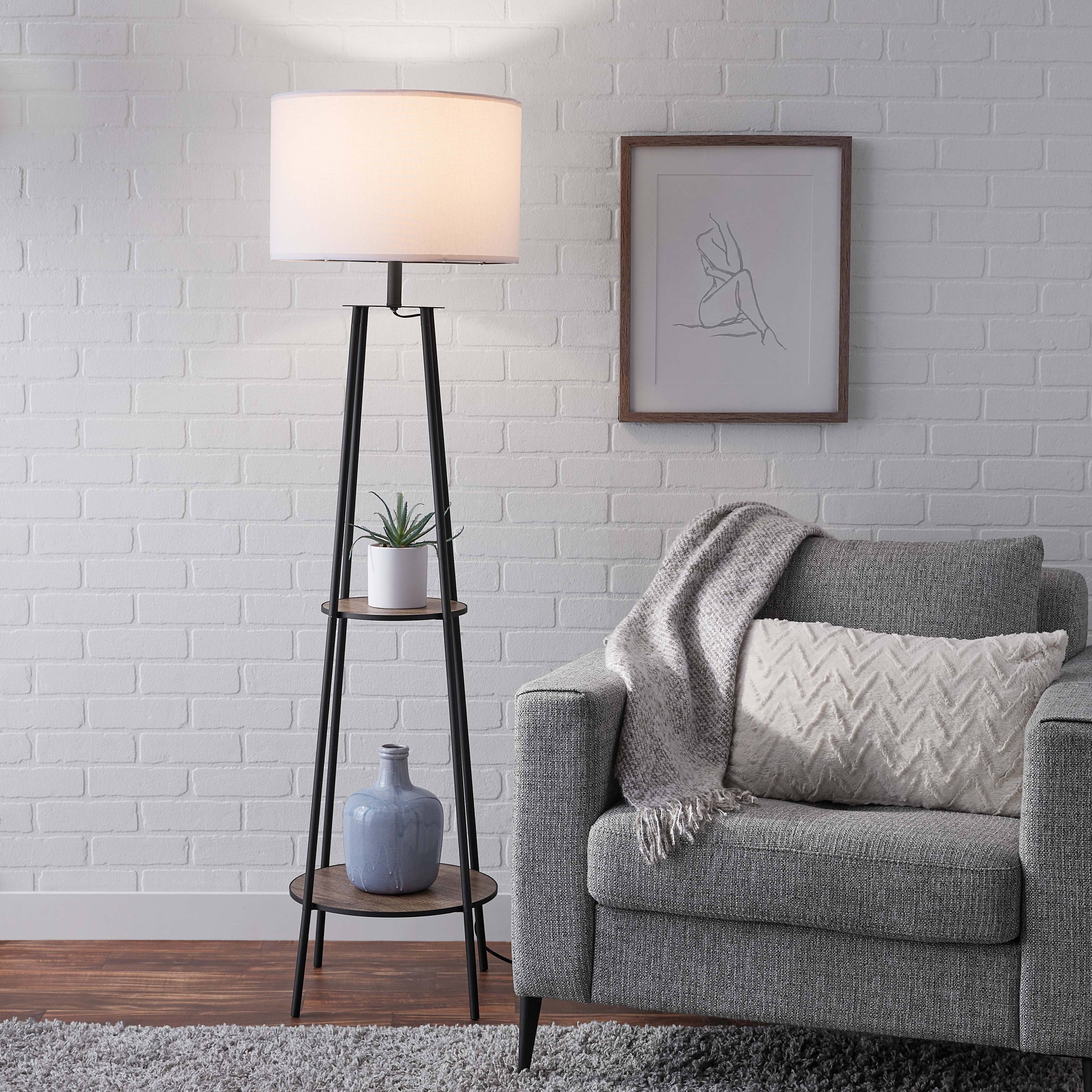 Mainstays Etagere Matte Black Floor Lamp, with 2 Wood Shelves, Brown
