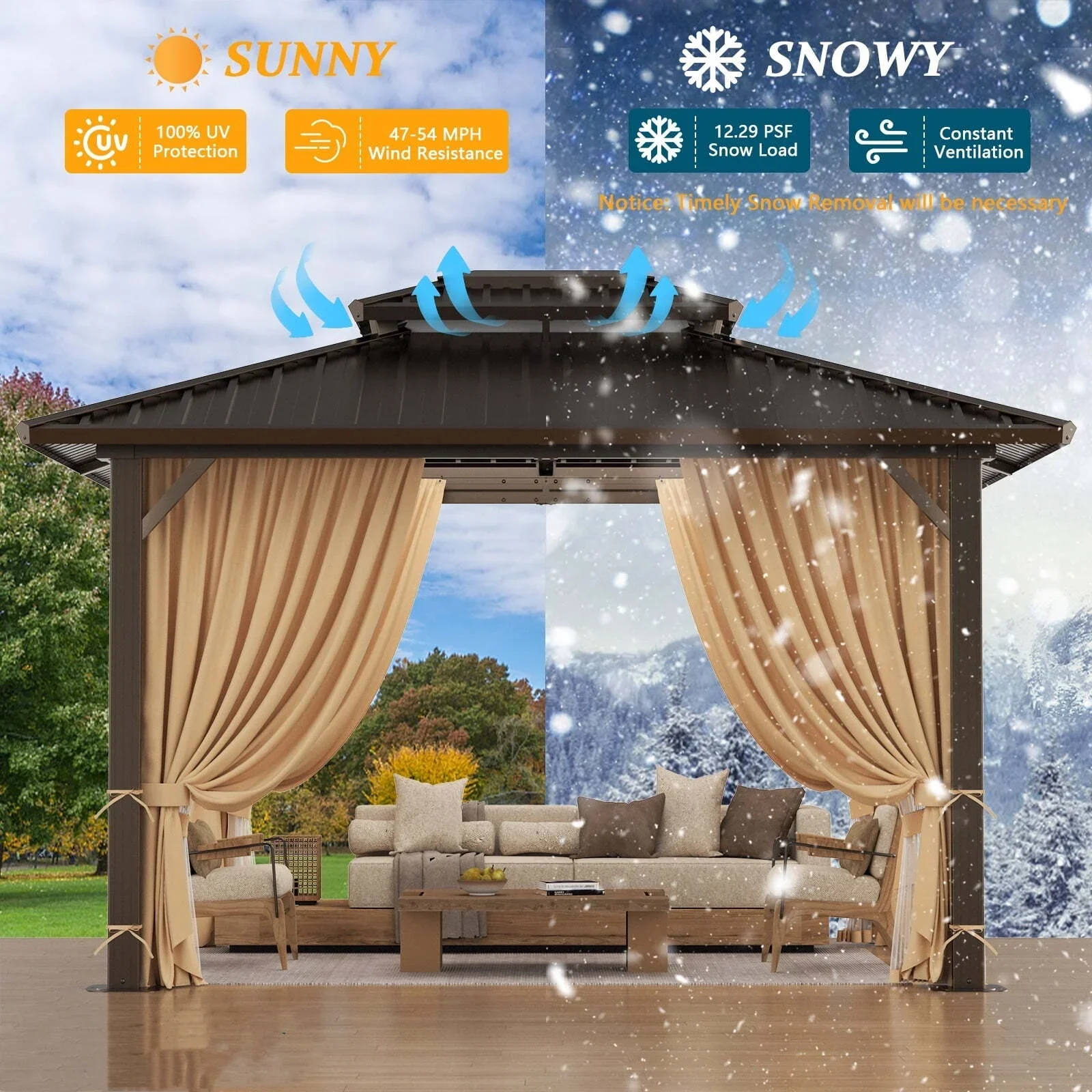 COBIZI 10x12 Hardtop Gazebo Aluminum Gazebos with Galvanized Steel Double Roof Metal Gazebo with Curtains and Netting Permanent Steel Gazebo for Backyard, Garden and Patio, Brown
