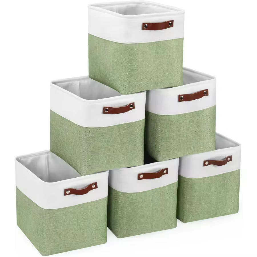 Cube Storage Baskets 6 Pack, 11x11 Inch Foldable Cube Storage Bins With Leather Handles For Shelf Closet Nursery Toys (White/ Green)