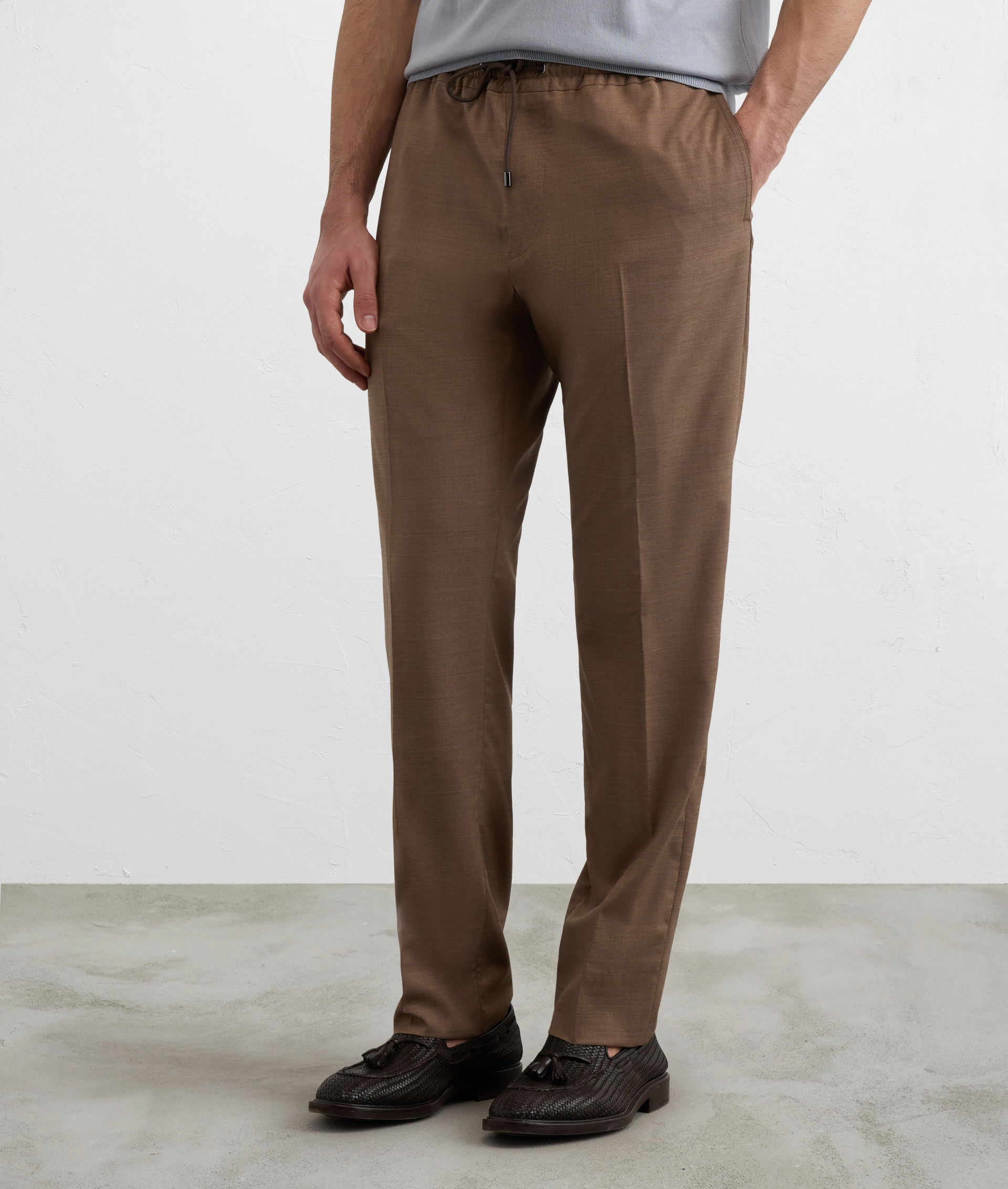 LIGHT BROWN MELANGE VIRGIN WOOL AND ELASTANE DRAWSTRING TROUSERS