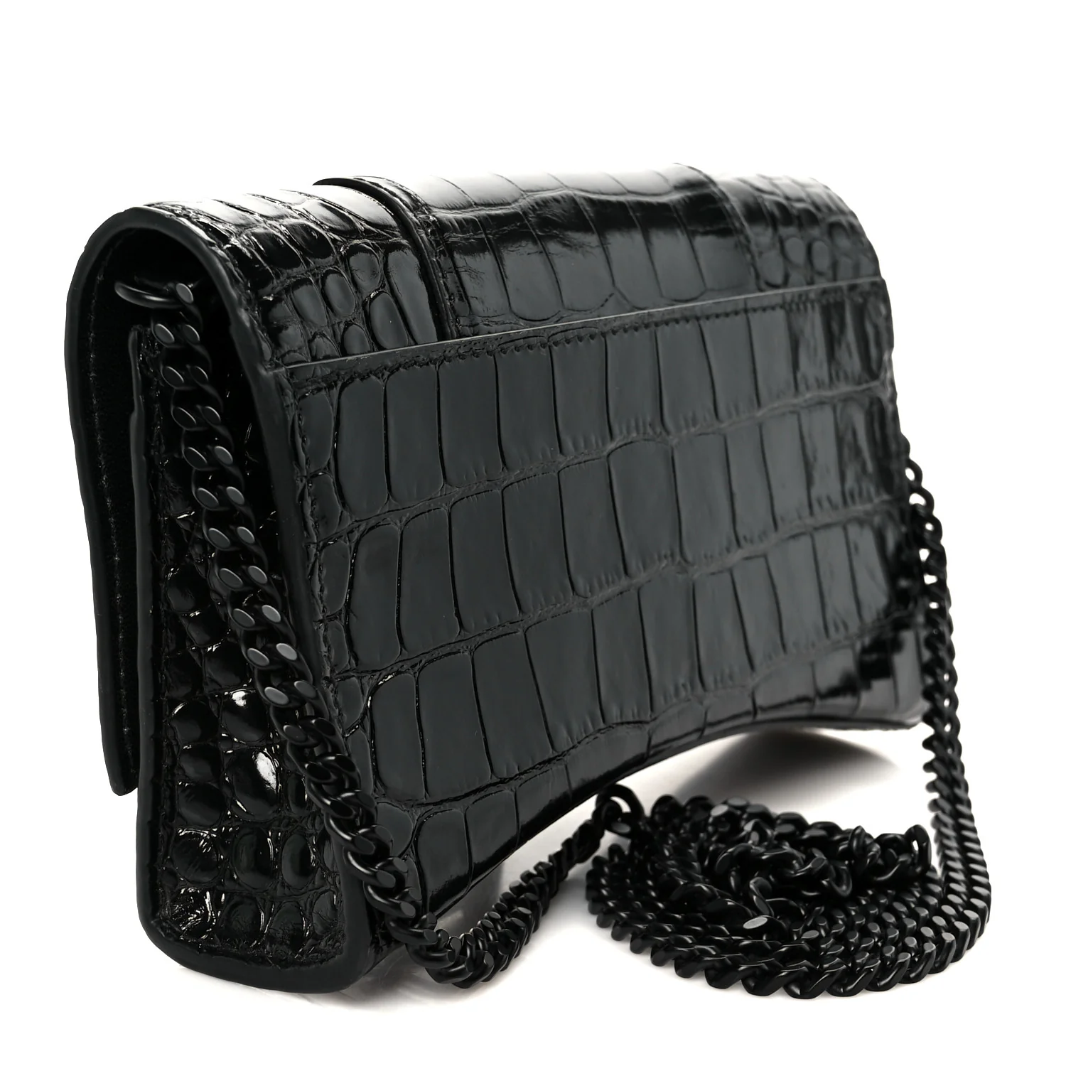 Shiny Calfskin Monochrome Crocodile Embossed Hourglass Chain Bag Black