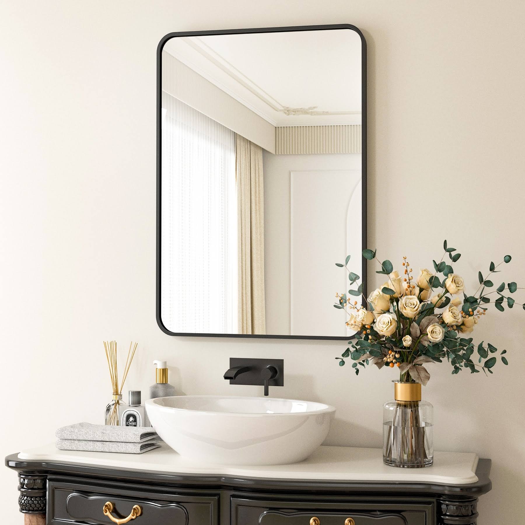 Wall Mounted Bathroom Mirror with Round Corner 20 inchx28 inch - Black, Size: 20x28 - Black
