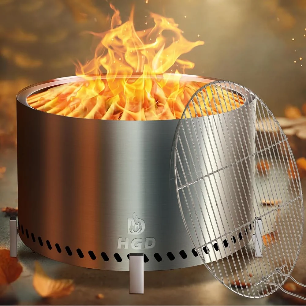 HGD 27.5" Smokeless Fire Pit with Stand & Grill Rack, Large Stainless Steel Wood Burning Firepit with Secondary Combustion, Backyard Patio Stove for Outdoor, Garden, BBQ & Bonfire (Silver)