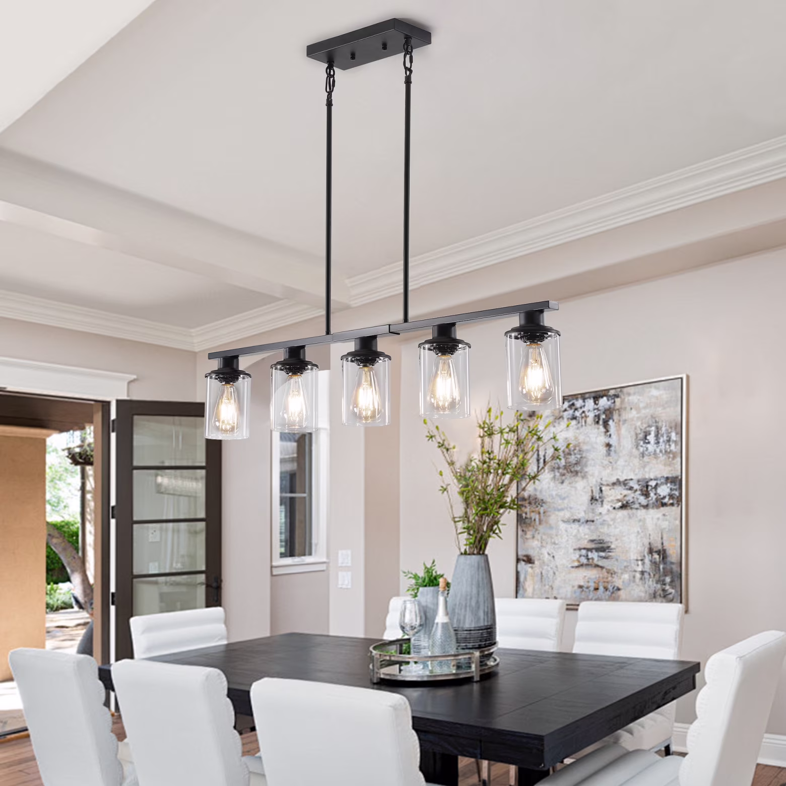 5-Light Kitchen Island Pendant Light, Farmhouse Industrial Chandeliers with Two Metal Rod Supports, Rectangular Island Lights for Kitchen, Living Room, Walnut/Black