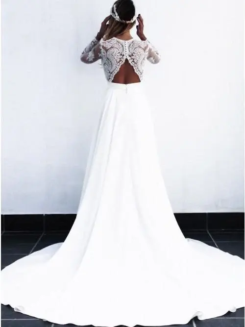 A-Line V-Neck Open Back Long Sleeves Wedding Dress with Lace Appliques DMR82