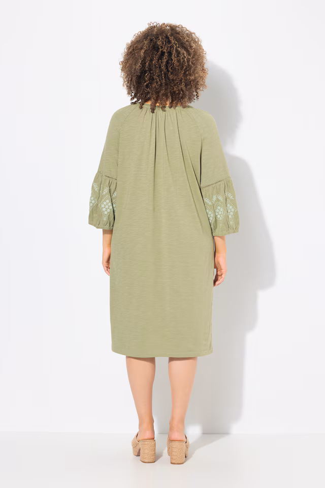 Embroidered Sleeve Split Neck Jersey Dress