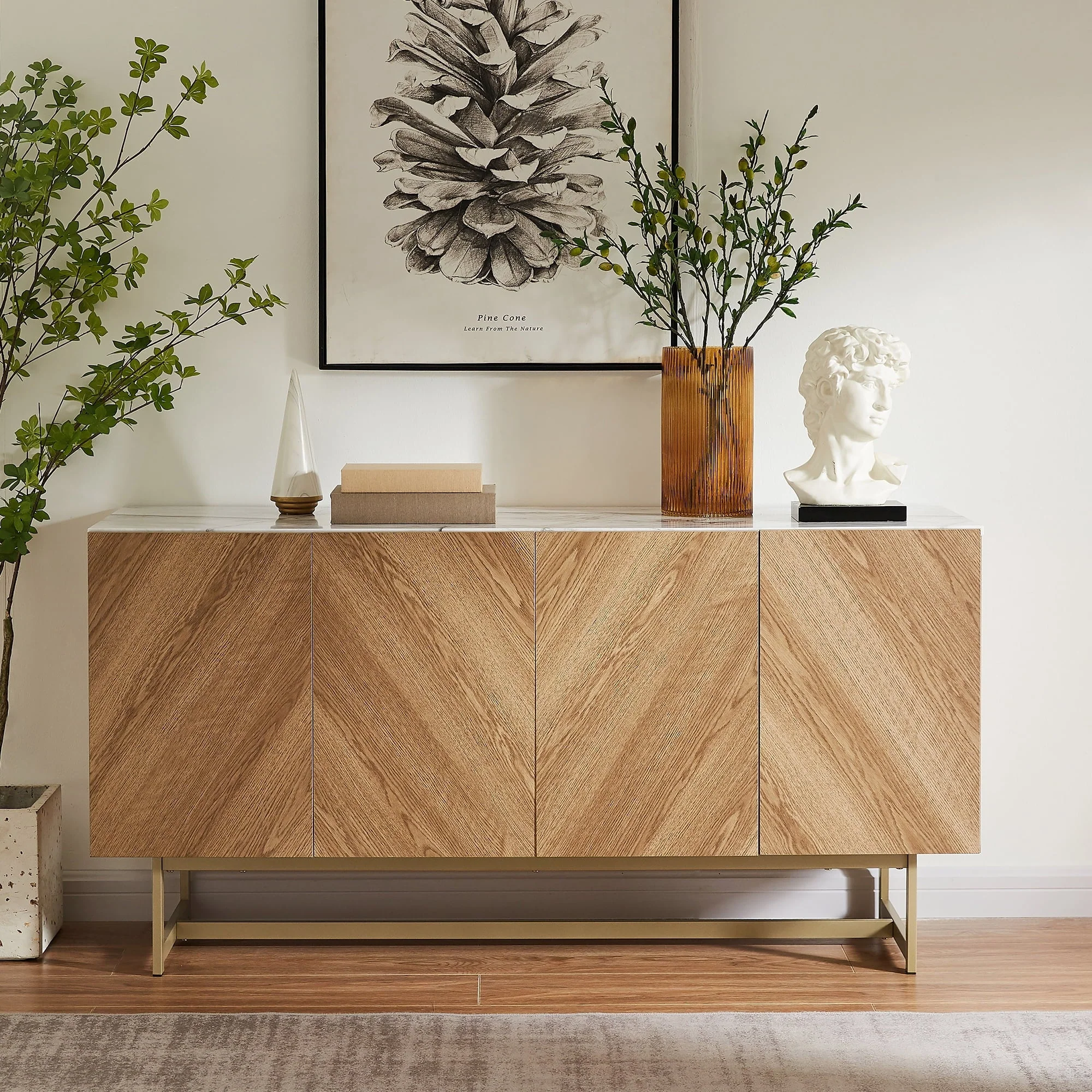 57�?Mid Century Modern TV Stand, Herringbone Pattern Buffet Cabinet Sideboard Credenza, Marble Top Media Console Entertainment Center for Living Room, Entryway (Oak Wood, Gold Metal Legs)(39" Sideboard Credenza)