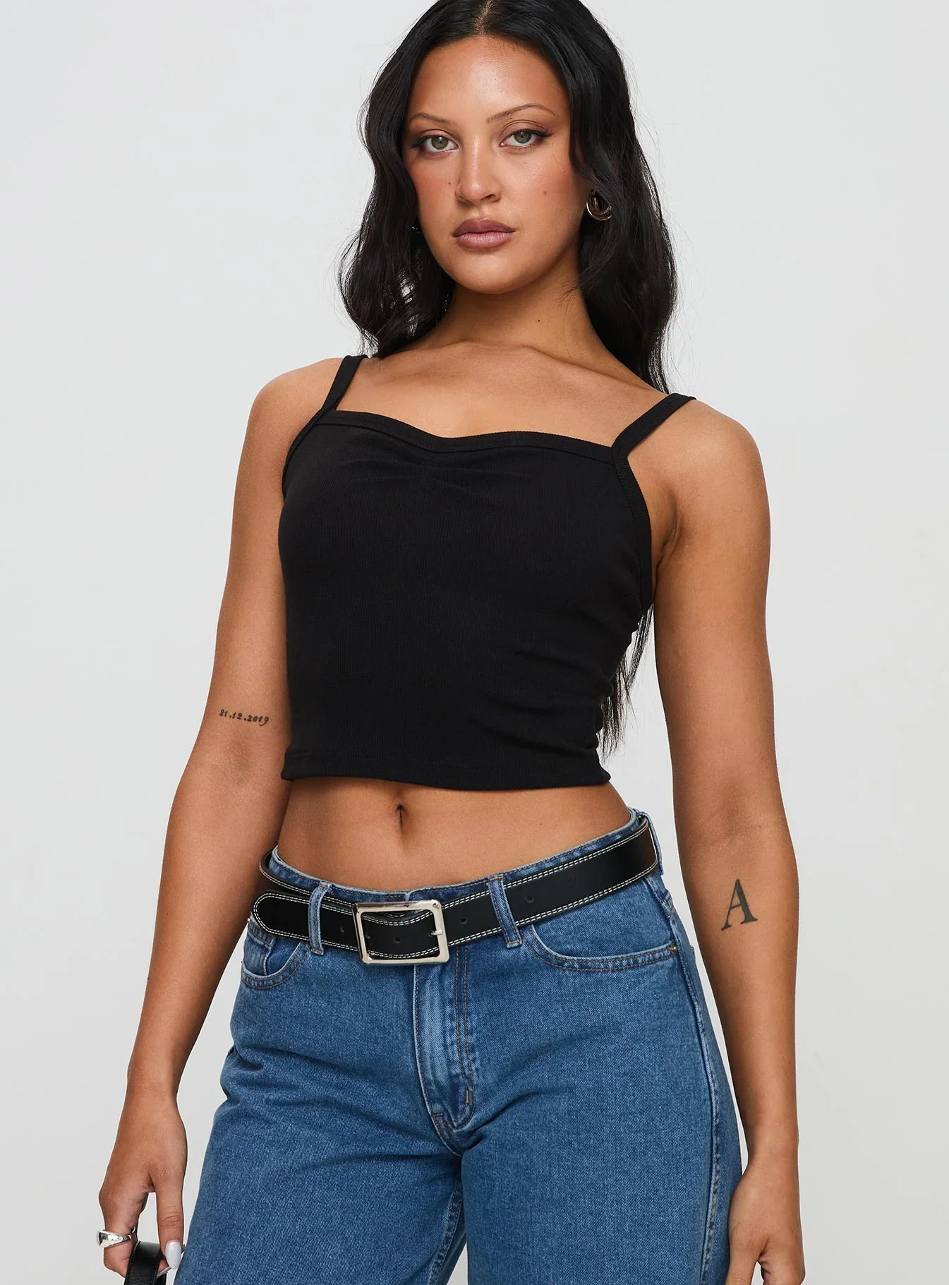Essentials Ruched Rib Cami Top Black