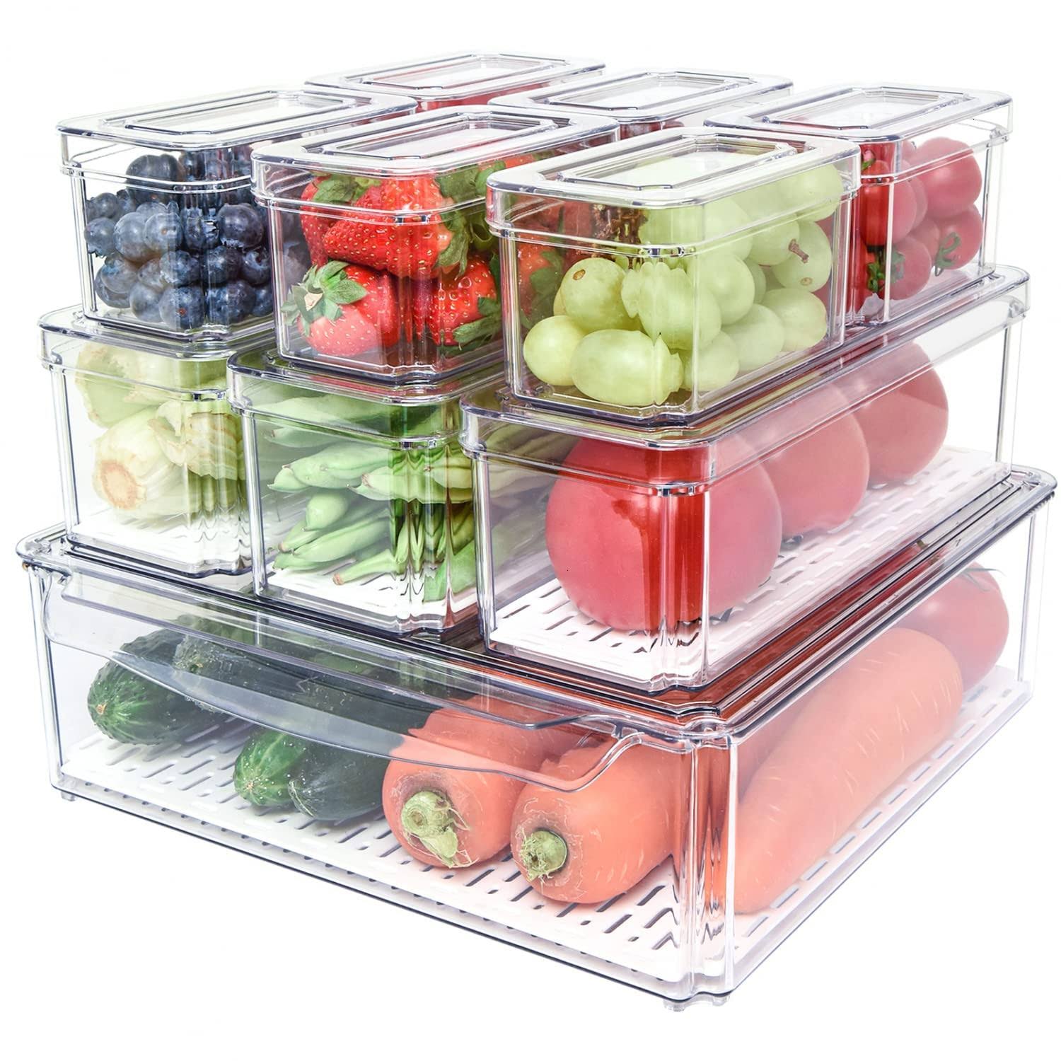 Pomeat 10 Pack Fridge Organizer, Stackable Refrigerator Organizer Bins with Lids, BPA-Free Produce Fruit Storage Containers for Storage Clear for