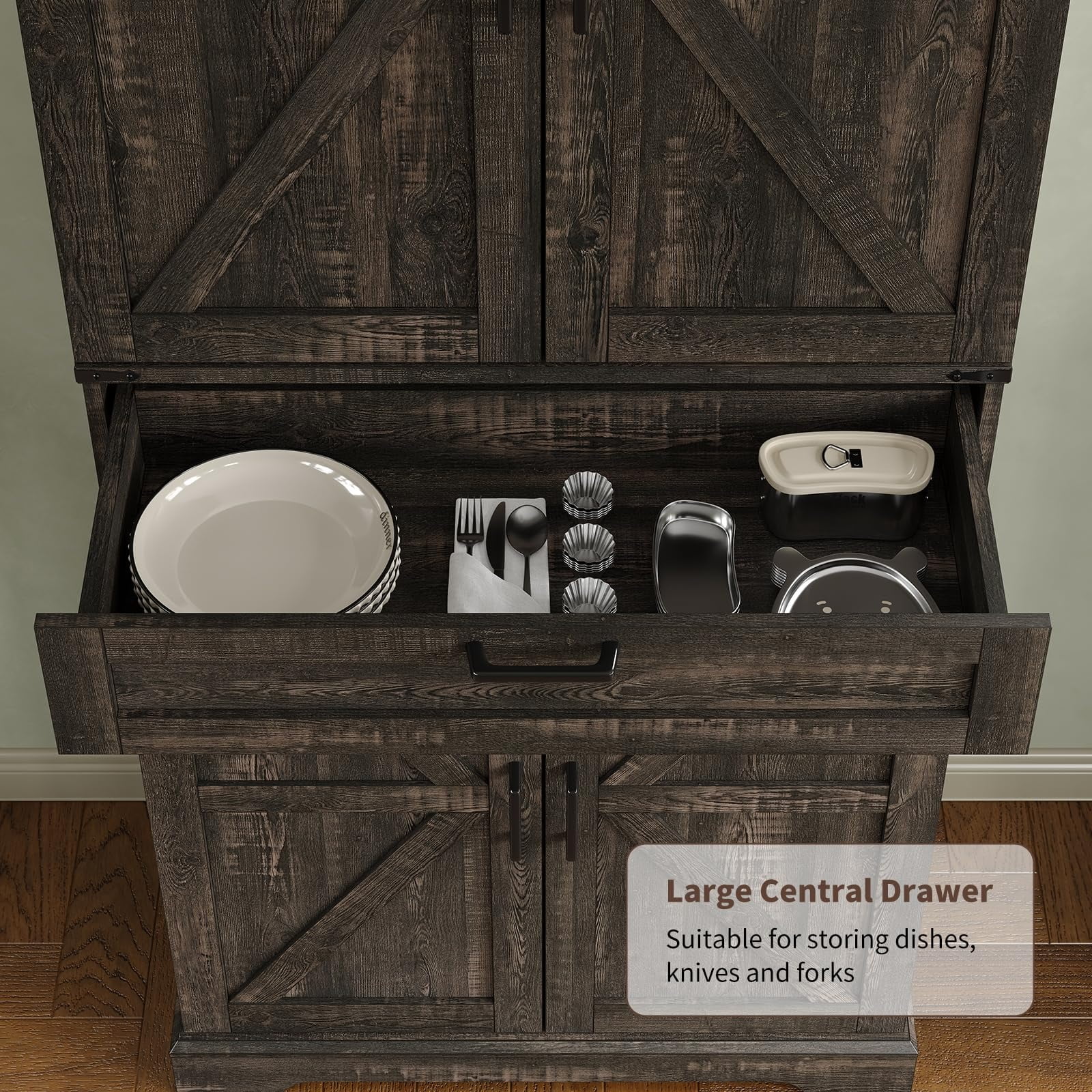 72'' Kitchen Storage Pantry Cabinet, Tall Storage Cabinet with 8 Door Shelves, 2 Cabinets and 1 Drawer, Freestanding Cupboard for Kitchen, Dining Room, Bathroom, Laundry(Dark Rustic Oak) - Image 9