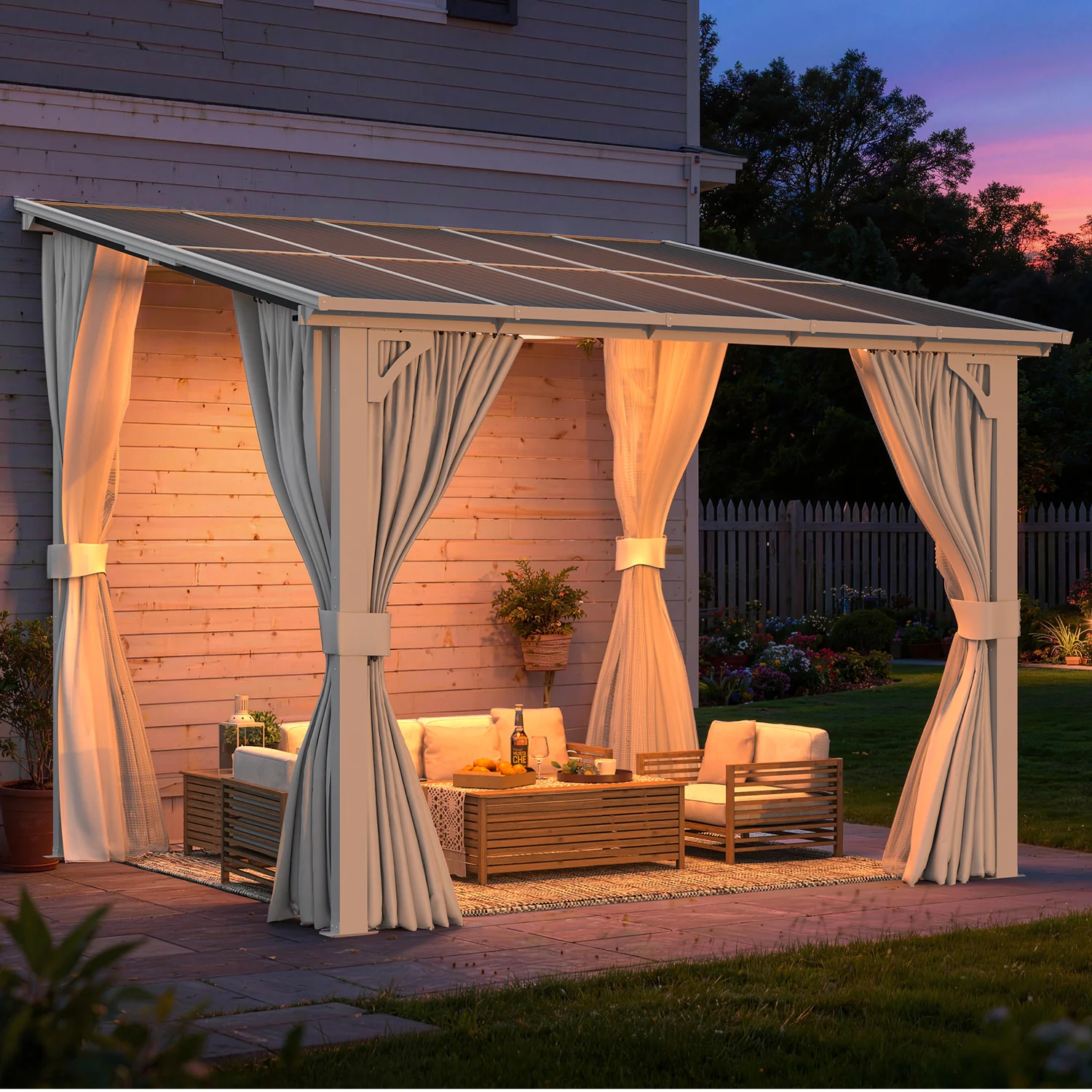 AECOJOY 10'x8' Wall Gazebo with Curtains and Mosquito Netting, White