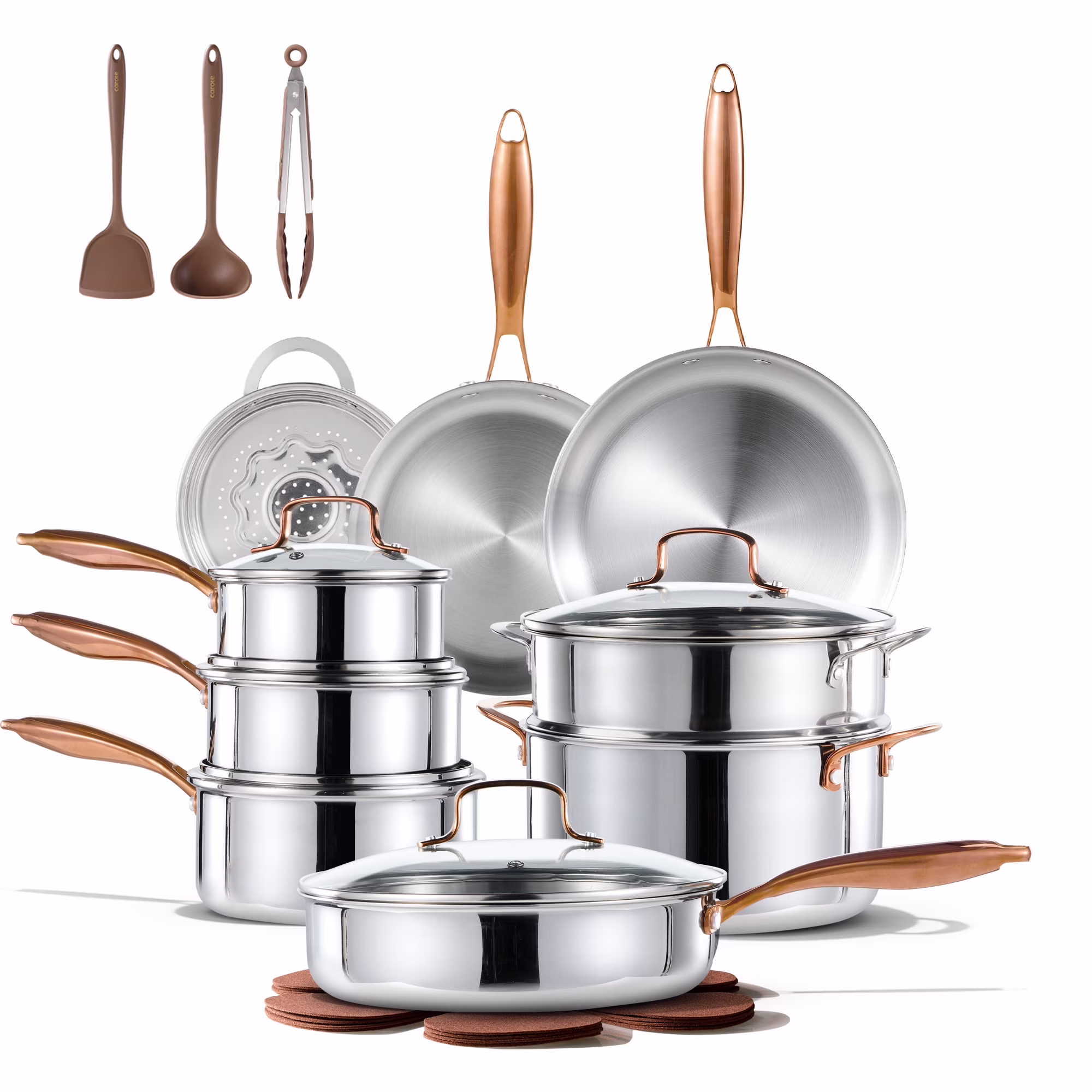 23-Piece Tri-Ply Stainless Steel Cookware Set with Lids, Nonstick Induction Compatible Pots Pans Set, Oven Safe(23)
