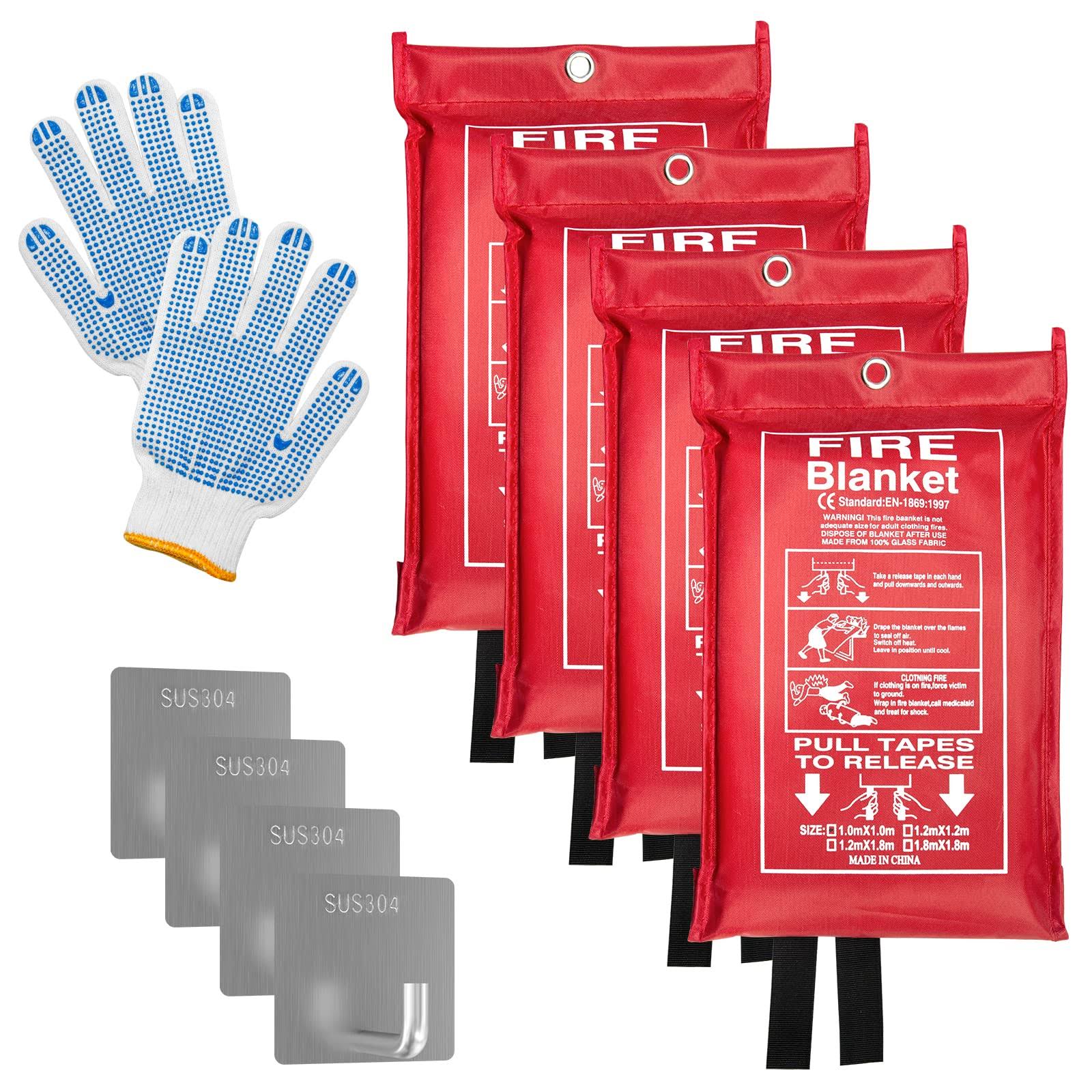 Emergency Fire Blanket (4 Pack, 40 in x 40 in) + 4 Hooks & 1 Gloves, Fiberglass Fireproof Fire Blanket for Home and Kitchen, Camping, Grill, Car,