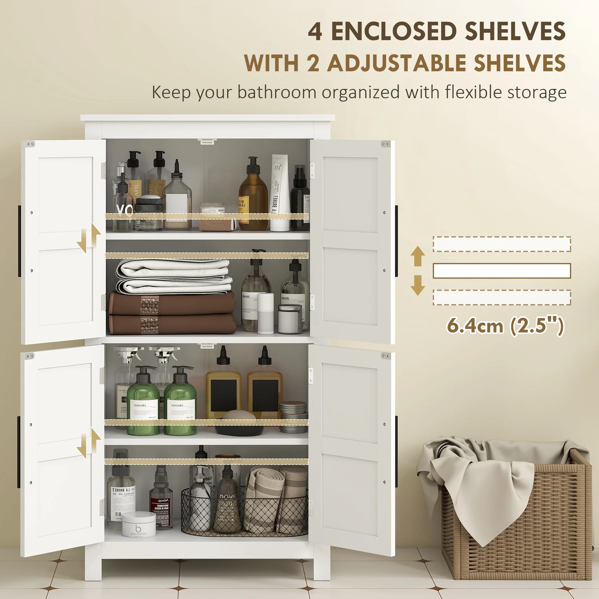 Bathroom Floor Cabinet, Farmhouse Bathroom Cabinet with Doors, White - Image 4