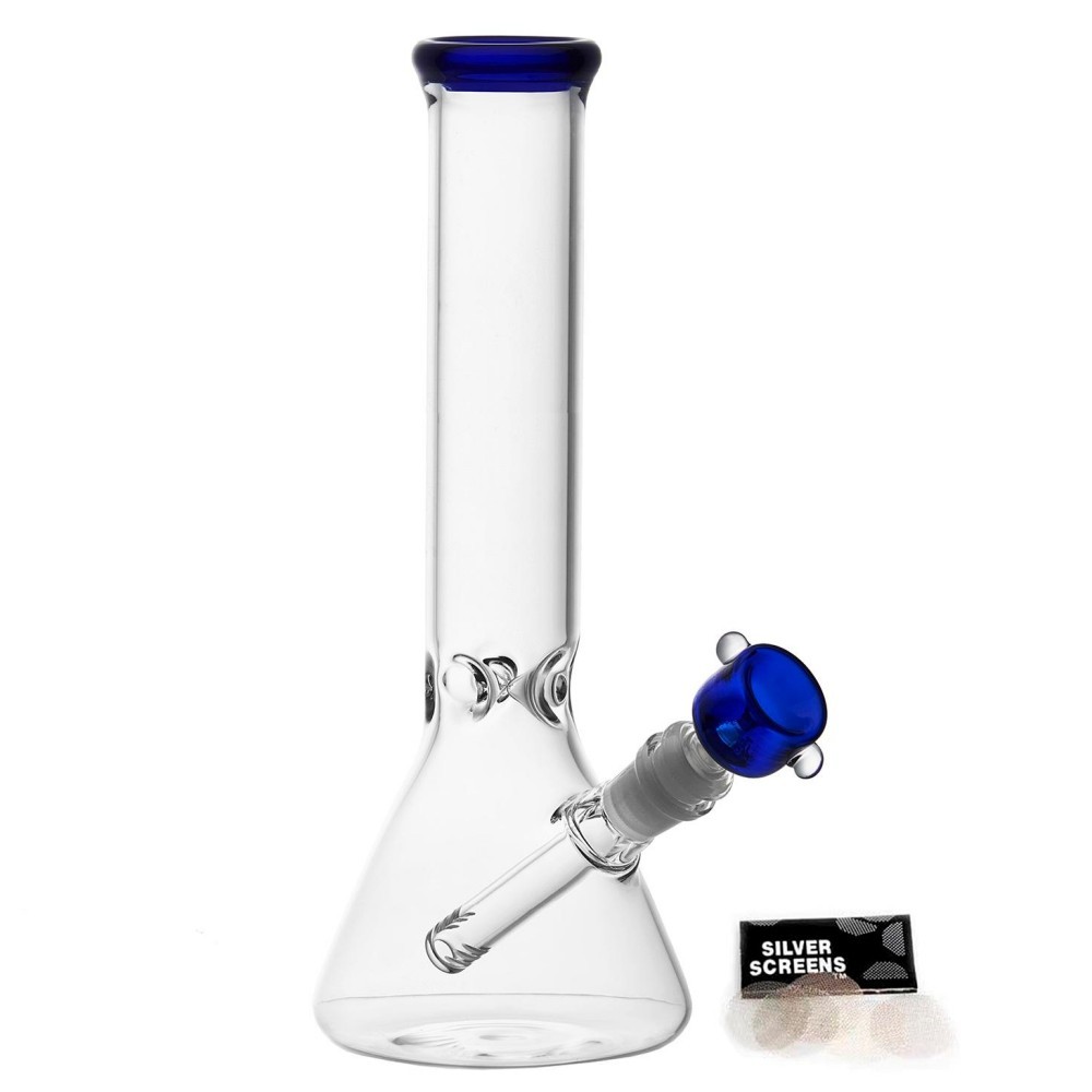 10-inch beaker bong with a blue mouthpiece next to its accessories
