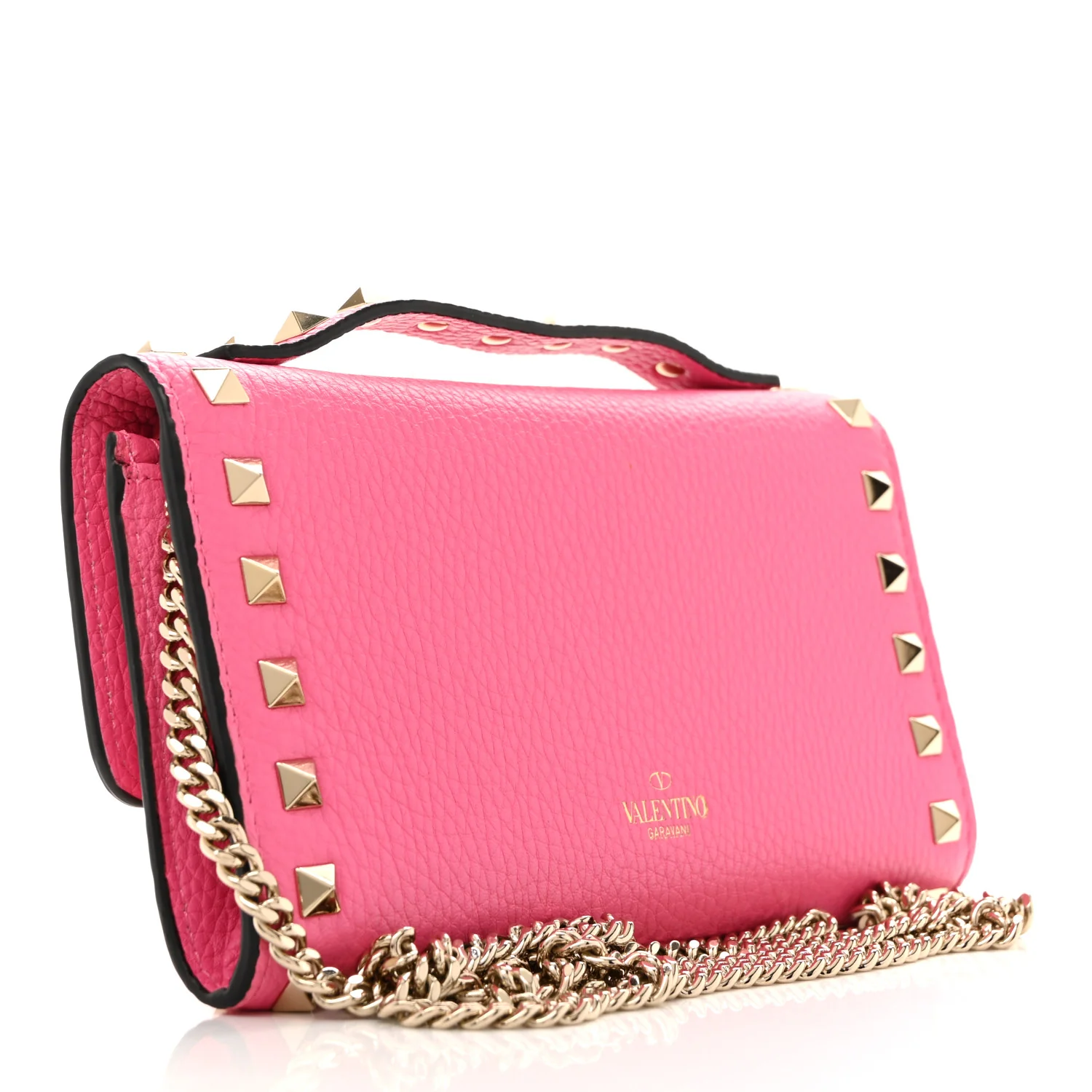 Pebbled Calfskin Rockstud Flip Lock Wallet On Chain Feminine Pink