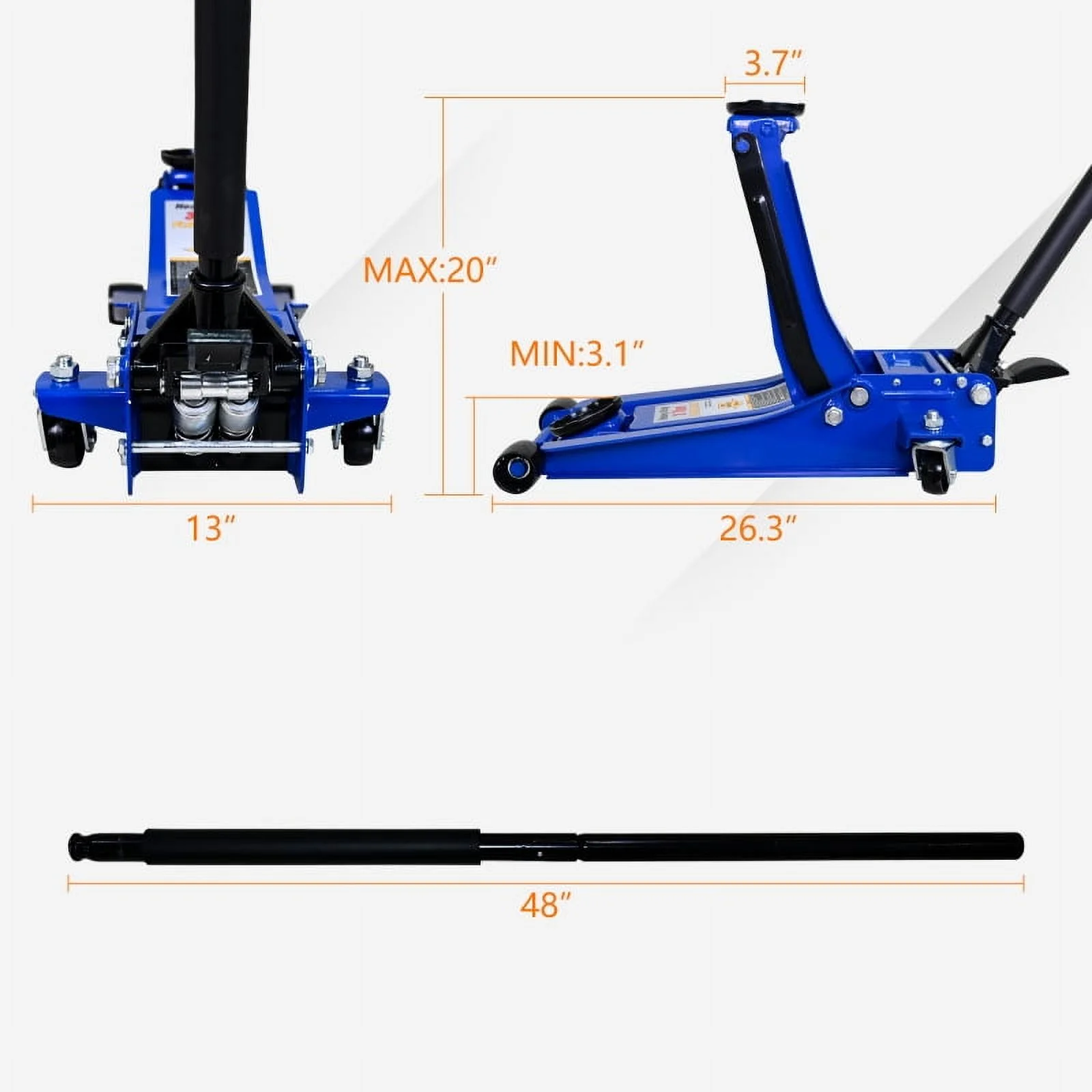 3 Ton Low Profile Floor Jack, Professional Low Profile Hydraulic Jack, Heavy Duty Steel Racing Floor Jack with Dual Piston Quick Lift Pump, 3 Ton (6,600 lb) Capacity, Lift Range 3.1"-20" - Image 3