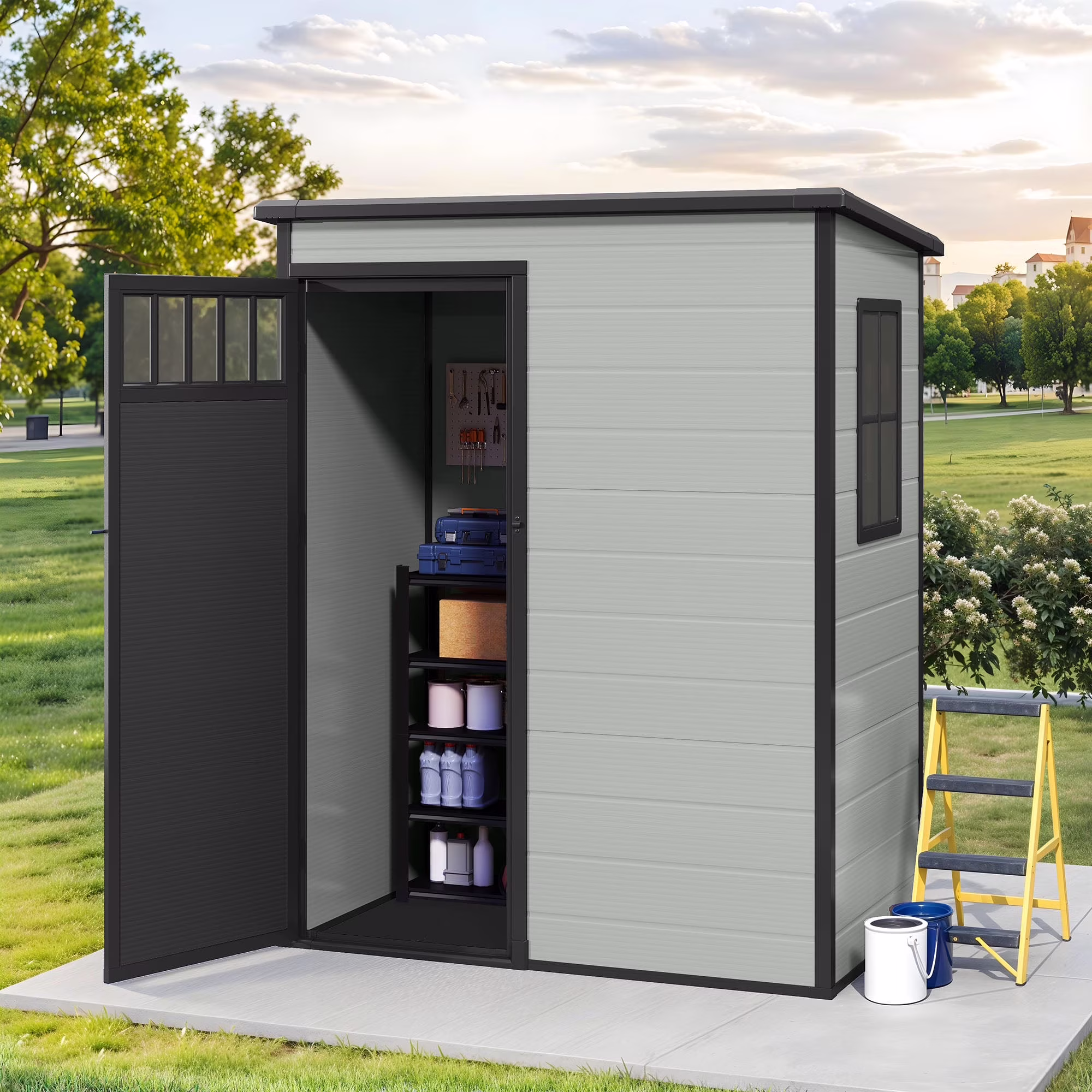 4.6��2.6��6.3 ft Resin Storage Shed with Window, Floor, Plastic Roof, Storage Cabinets for Brooms Vacuum Cleaners fits 65 to 68 inches, Winter Gear Box, Black(Black)