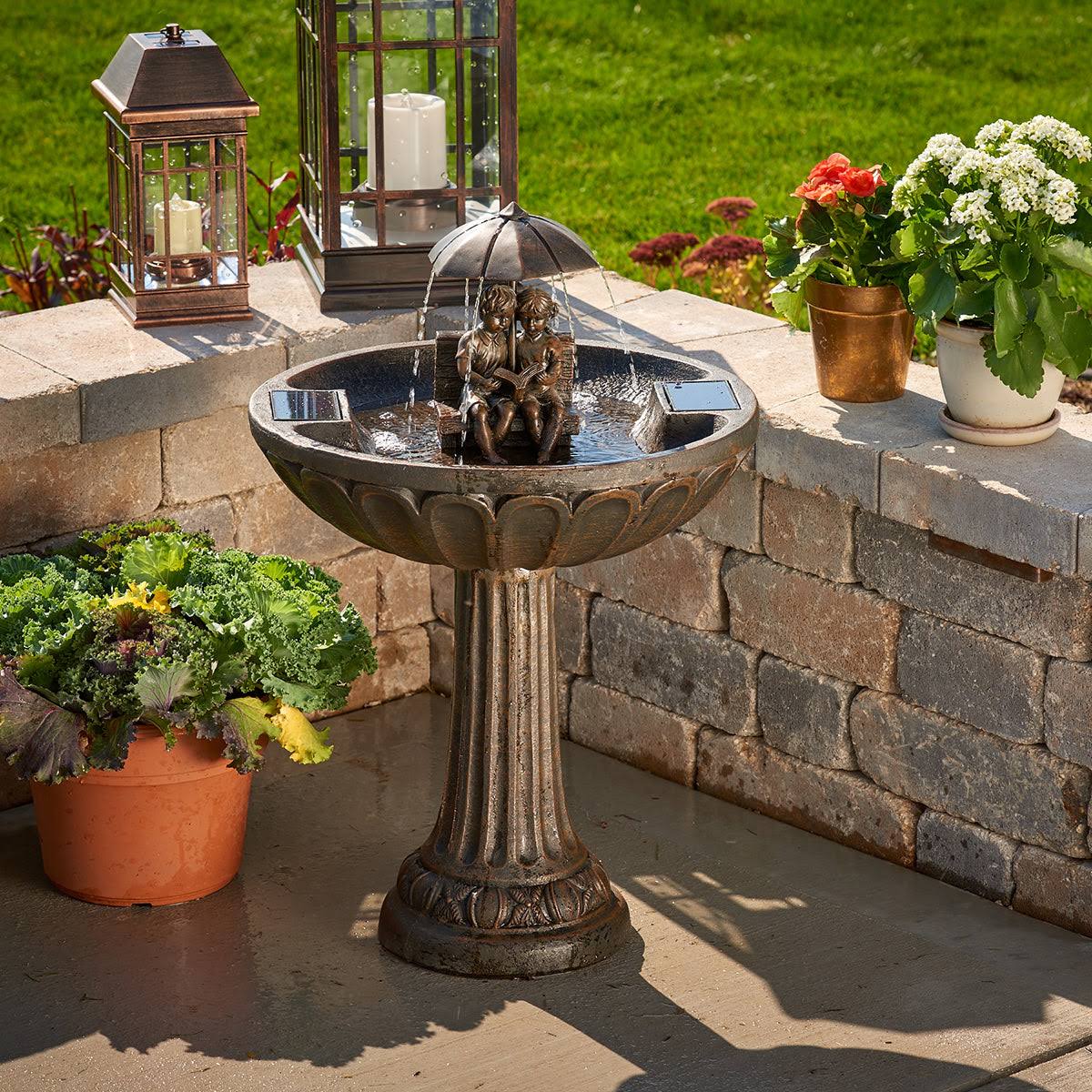 Smart Solar Umbrella Solar Fountain - Boy & Girl Reading on Bench