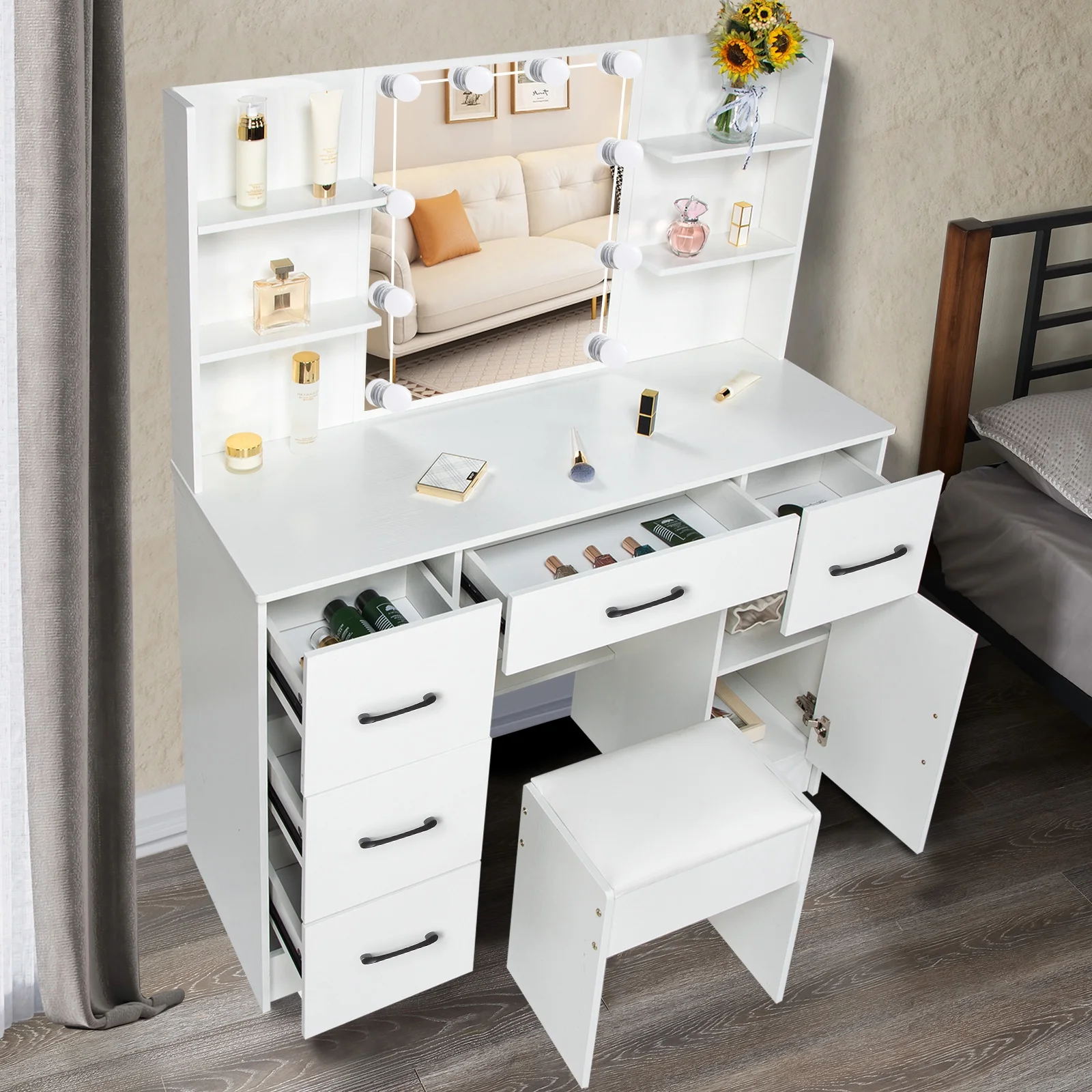 Yamissi Makeup Vanity with 3 Color Lights, Vanity Desk with Sliding Mirror, Vanity Set Makeup Table, Storage Drawers and Shelves, White