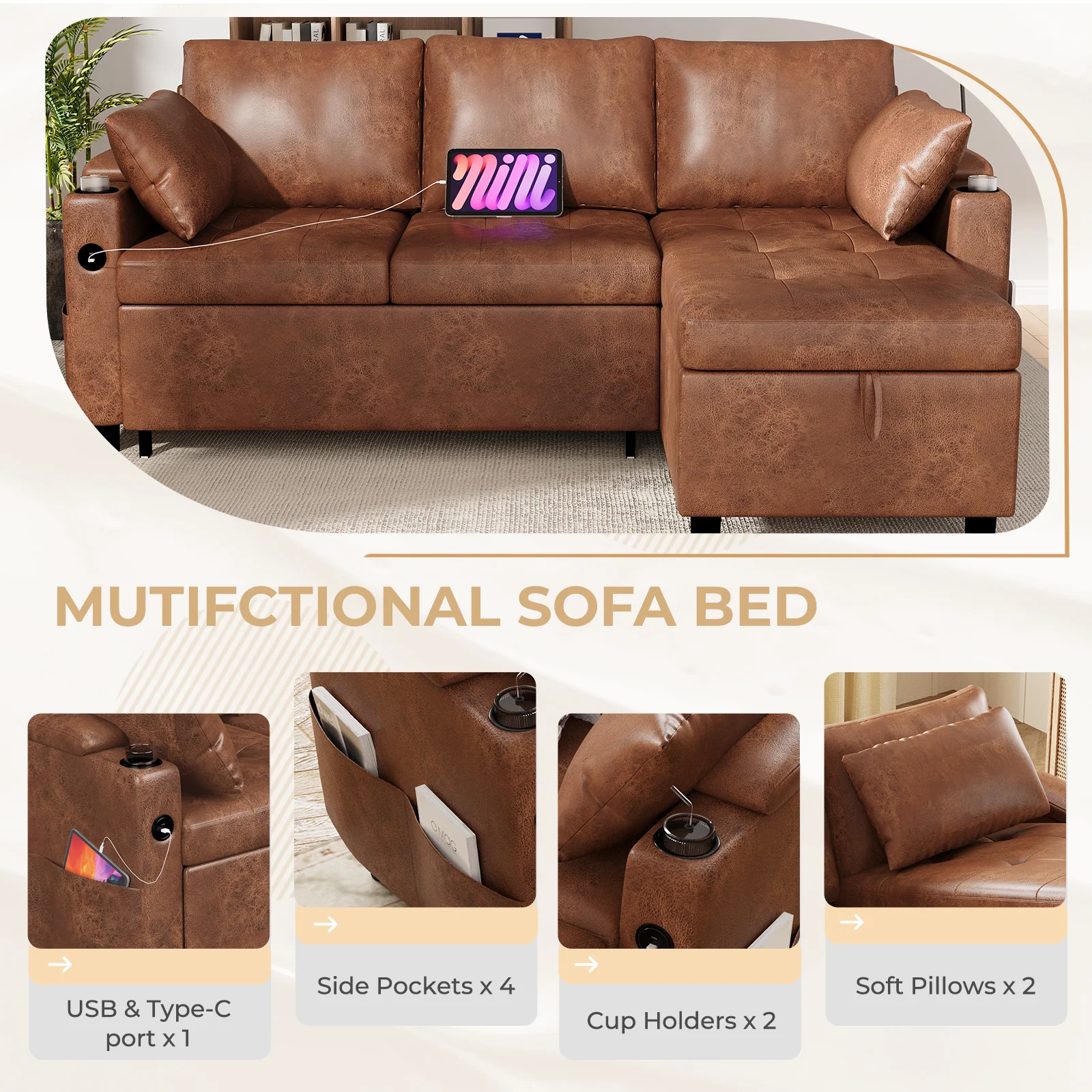AECOJOY Sleeper Sofa Couch with Pullout Bed, Faux Leather, Brown