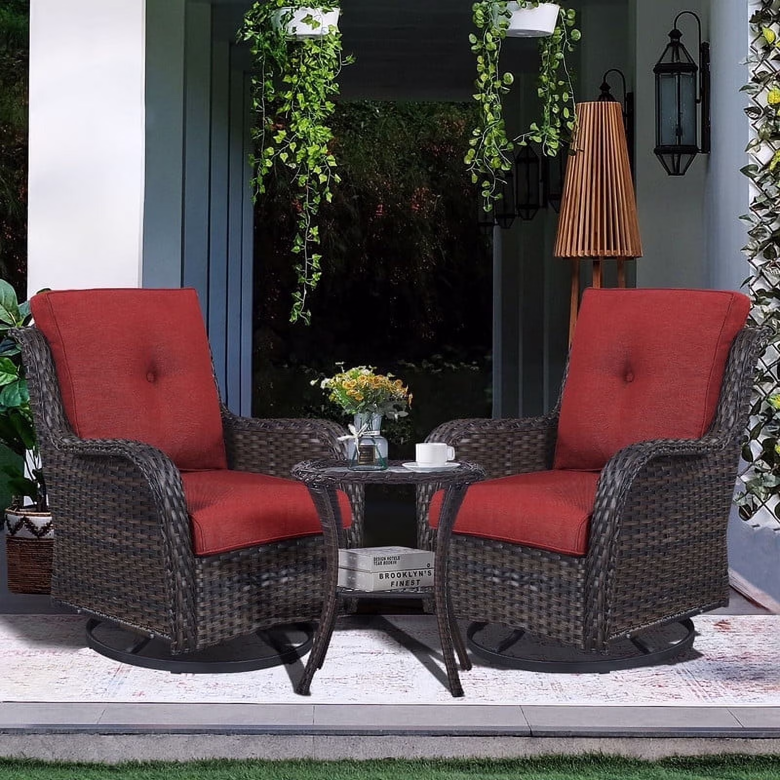 3 Piece Patio Set Outdoor Wicker Glider Rocking and Swivel Chairs with Cushions(Yellow/Beige) - Image 3