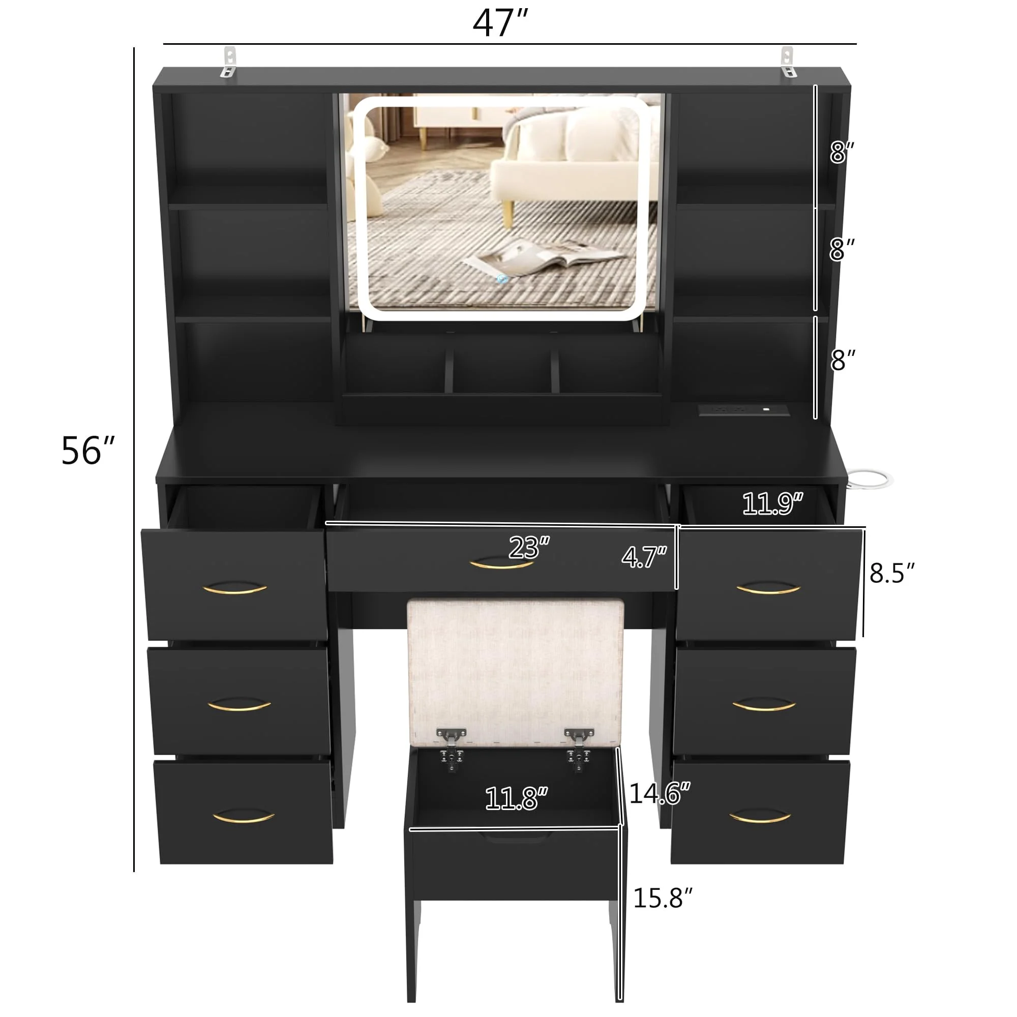 47" Large Vanity Desk with Lighted Mirror Charging Station, Black Makeup Vanity with 7 Drawers 6 Shelves, Vanity Set with Cushioned Stool(Black) Image 6