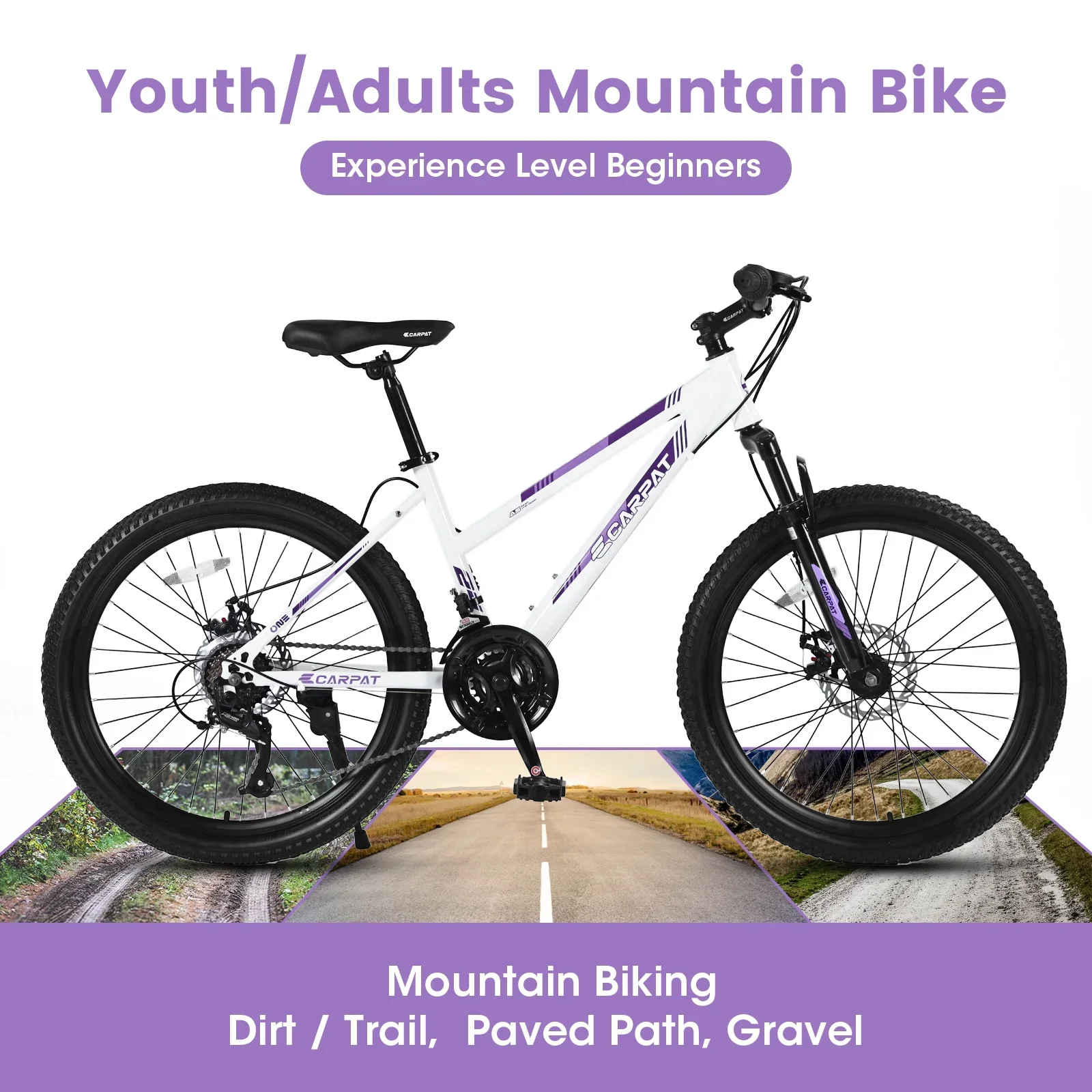 26 inch Women Mountain Bike, 21 Speeds Mountain Bicycle with Steel Frame, Dual Disc Brakes and 100mm Front Suspension, MTB Bike for Urban Trail Snow Commuter, White