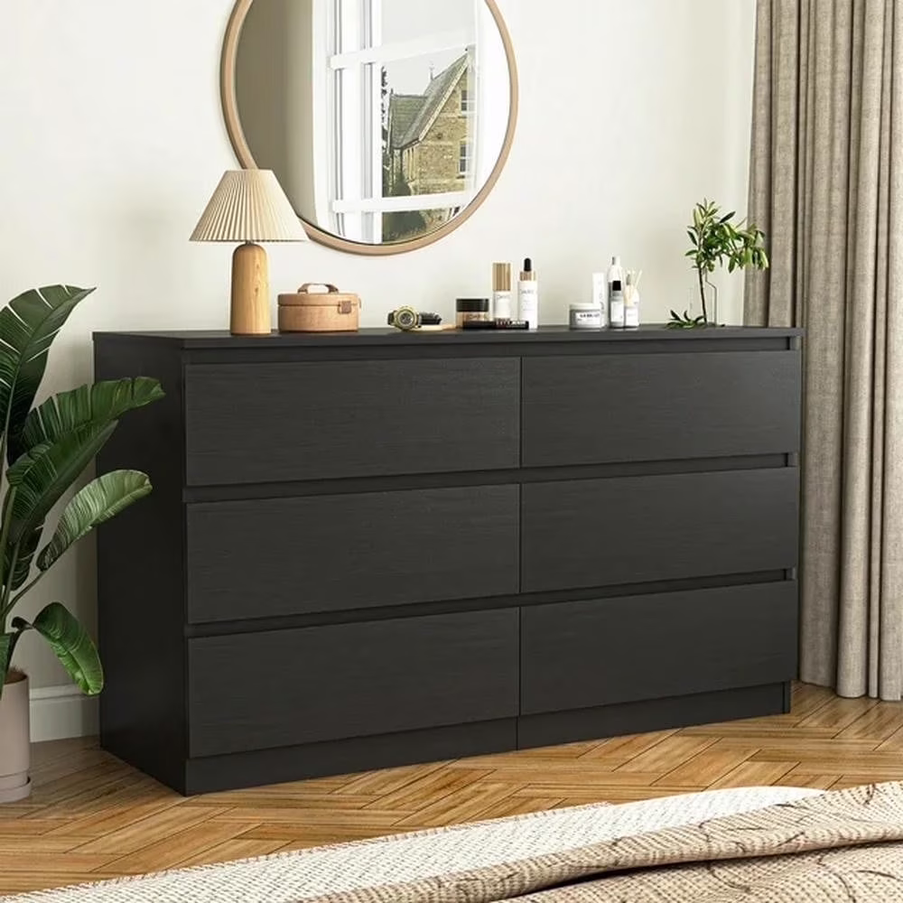 Modern 6 Drawer Dresser Wood Cabinet,Dresser for Bedroom, Kitchen Storage Cabinet with Drawers, Chest of Drawers(Black)(Black(6 Drawers))