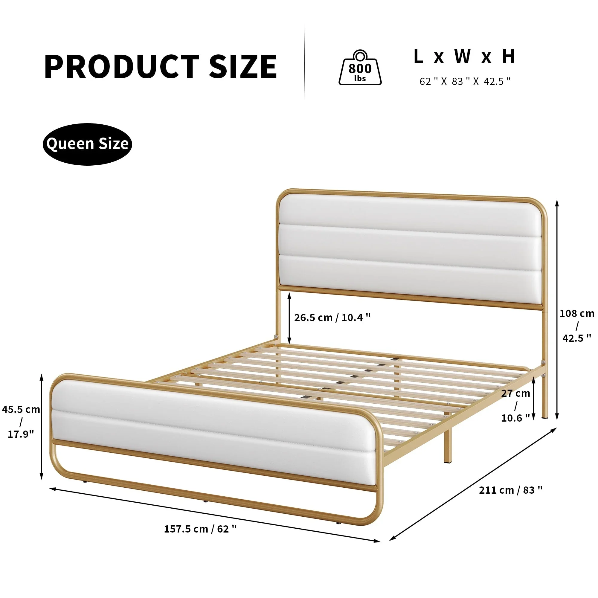 Homfa Queen Size Bed Frame, Gold Metal Tubular Platform Bed with PU Leather Upholstered Headboard, 10.6 Under Bed Storage, White
