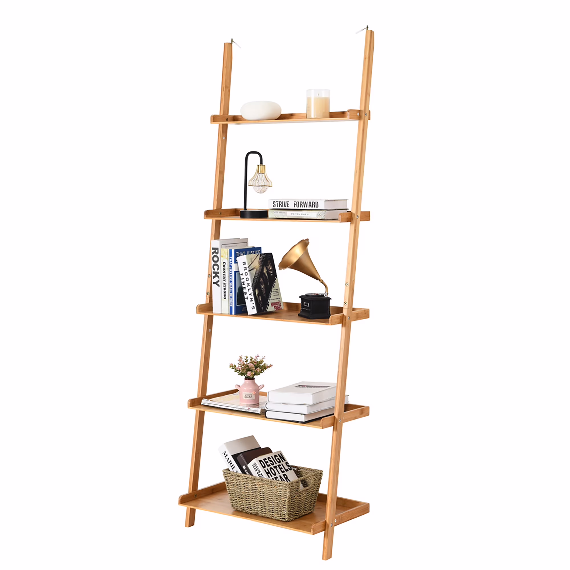 Costway 5 - Tier Ladder Shelf Bamboo Bookshelf Wall - Leaning Storage Display Plant Stand