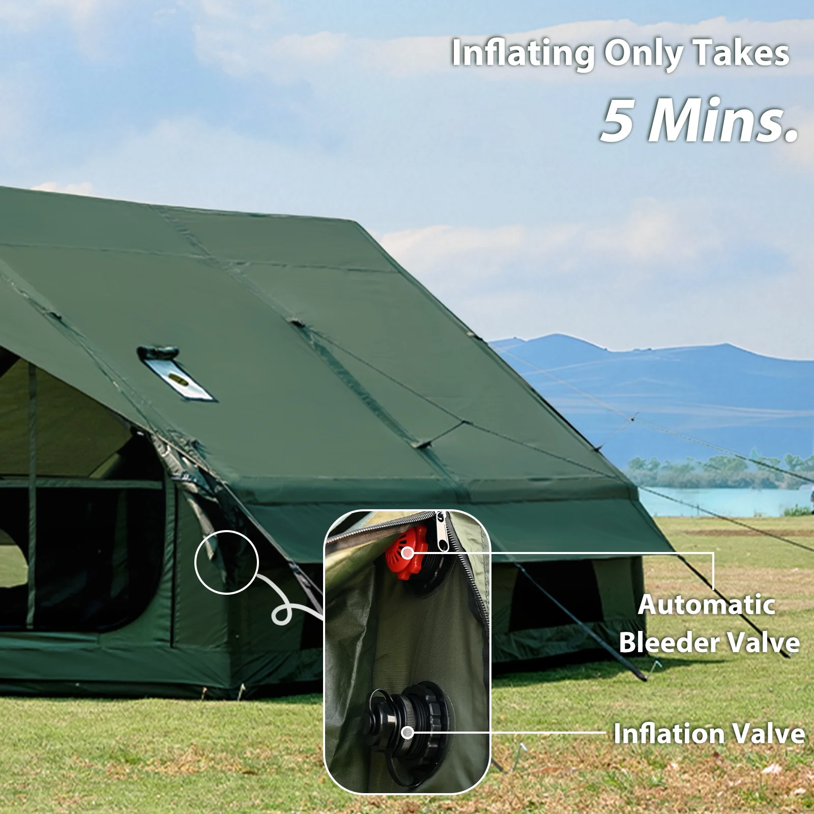 Waldmate Inflatable Camping Tent for 6 - 8 Person, Glamping Tent with Stove Jack Hand Pump, Oxford Waterproof Blow up Tent with Mesh Windows & Door(New)
