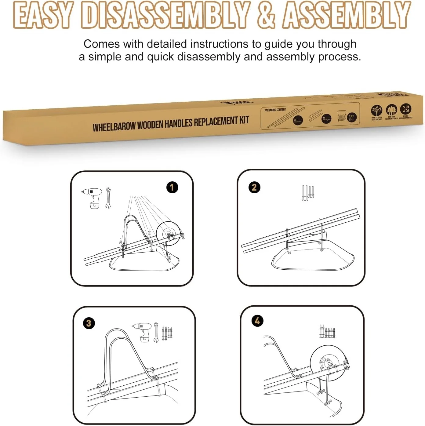 Wheelbarrow Replacement Handle Kit - 2 Pre - Drilled Heavy - Duty FSC Eco - Wood Handles, Universal Fit + Bolts, Nuts & Wedges (Plant a Tree)