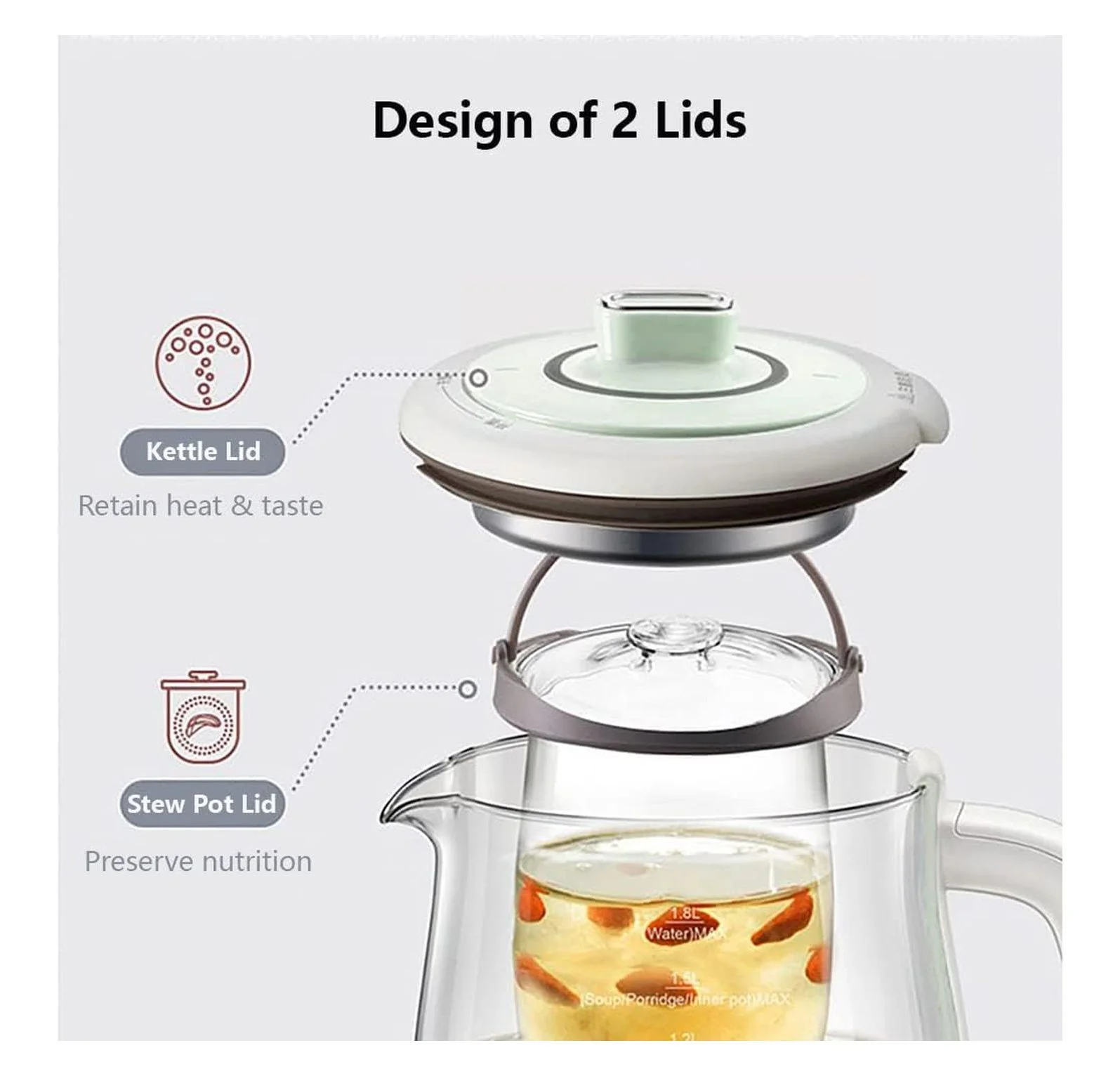 Bear Electric Kettle with Infuser & Stew Pot - 1.8 L Health Pot, 16 Menus, Glass Kettle, Tea Maker, 120V, Green
