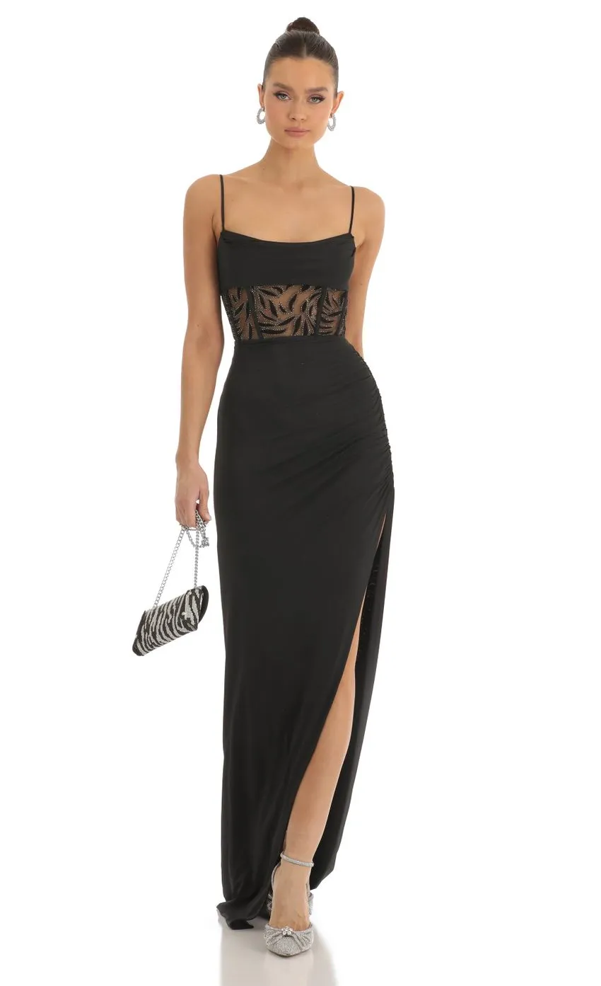 Cutout Glitter Corset Maxi Dress in Black