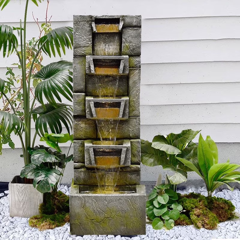 Water Fountain Outdoor Modern Waterfalls Garden Fountains with Lights for Garden, Patio, Backyard, Deck, Porch and Home Art Decor