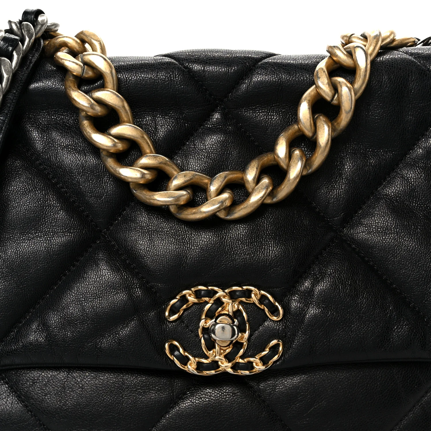 Shiny Goatskin Quilted Large Chanel 19 Flap Black