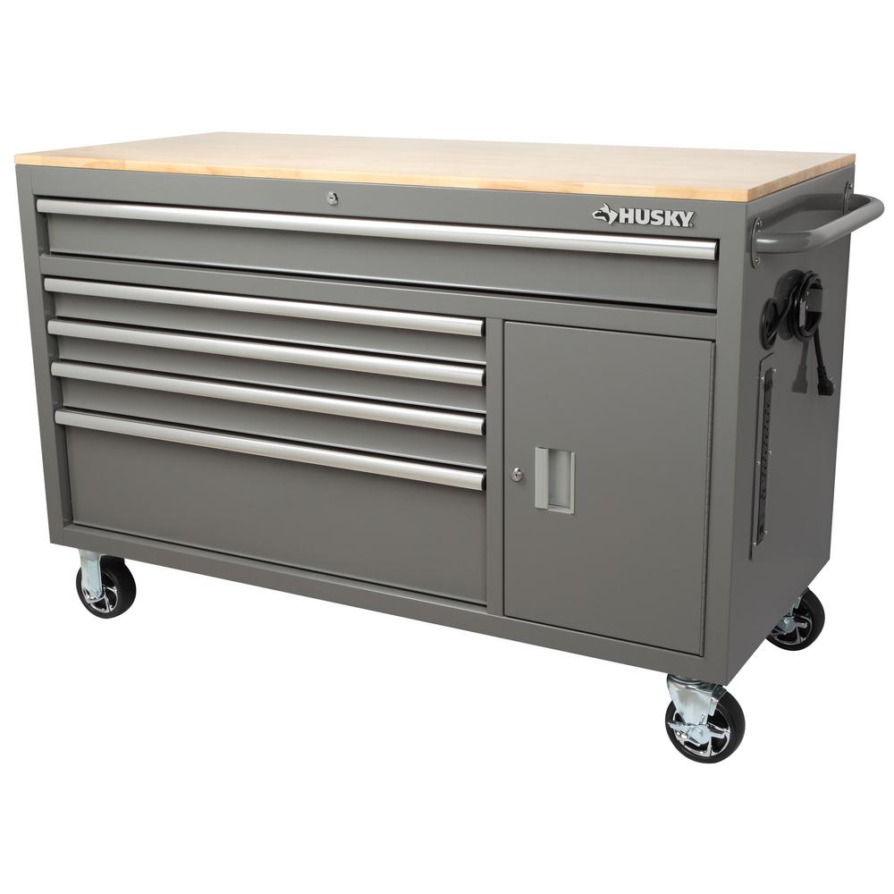 Établi mobile avec coffre à outils profond, 5 tiroirs et 1 porte, 142 cm de large, gris brillant et plateau en bois massif