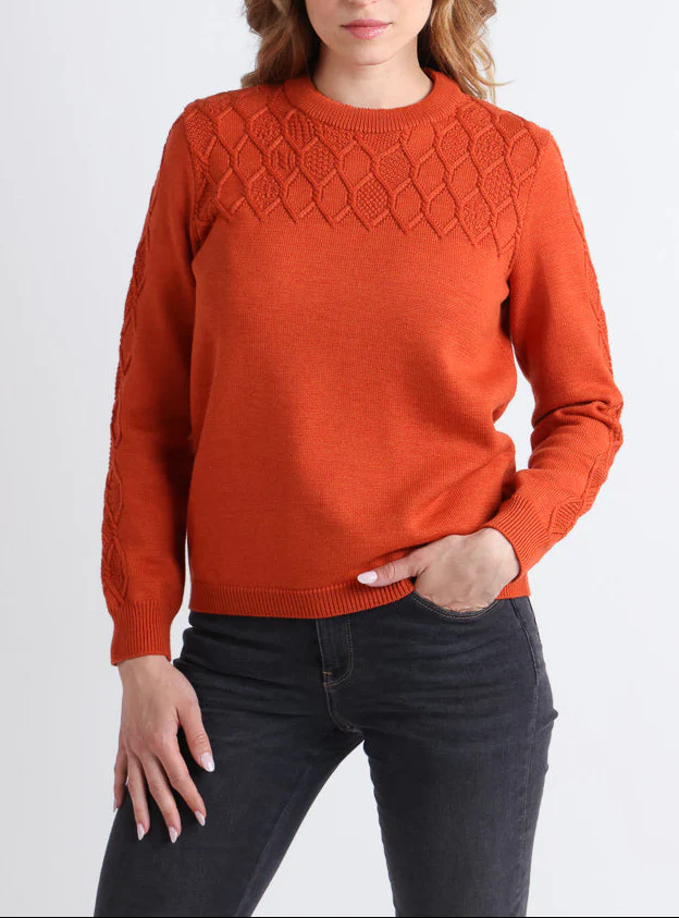 Pull femme torsades laine mérinos orange