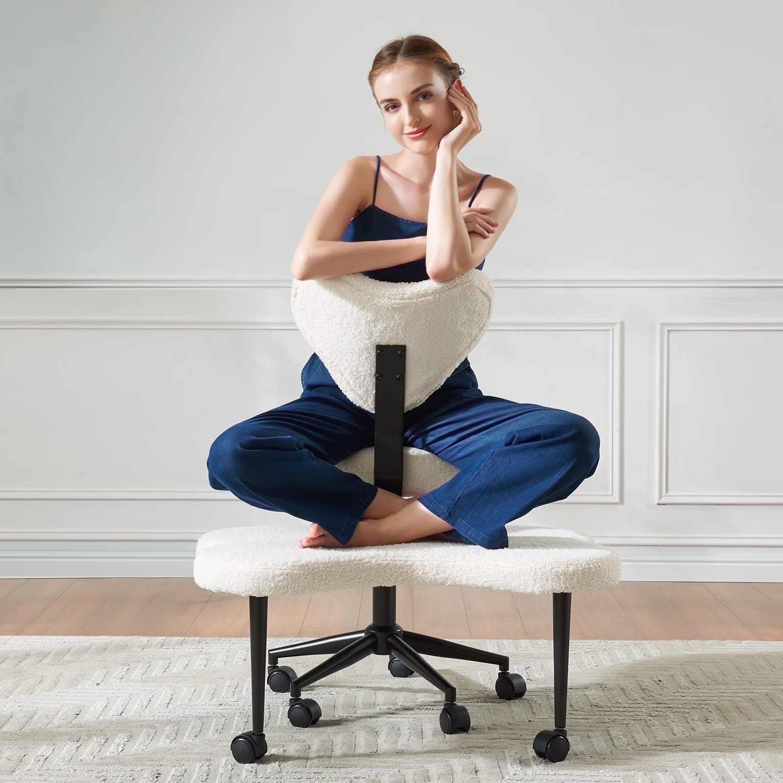 Ergonomic Cross Legged Swivel Chair, Adjustable Height and Teddy Fabric, Meditation ADHD Chair with Back Support, Home and Office, Off White(Off-White)