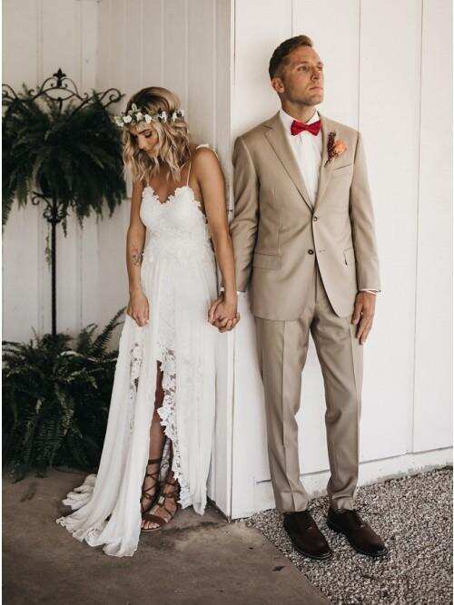 Sheath Spaghetti Straps Backless Hi-Low Lace Boho Beach Wedding Dress DMK40