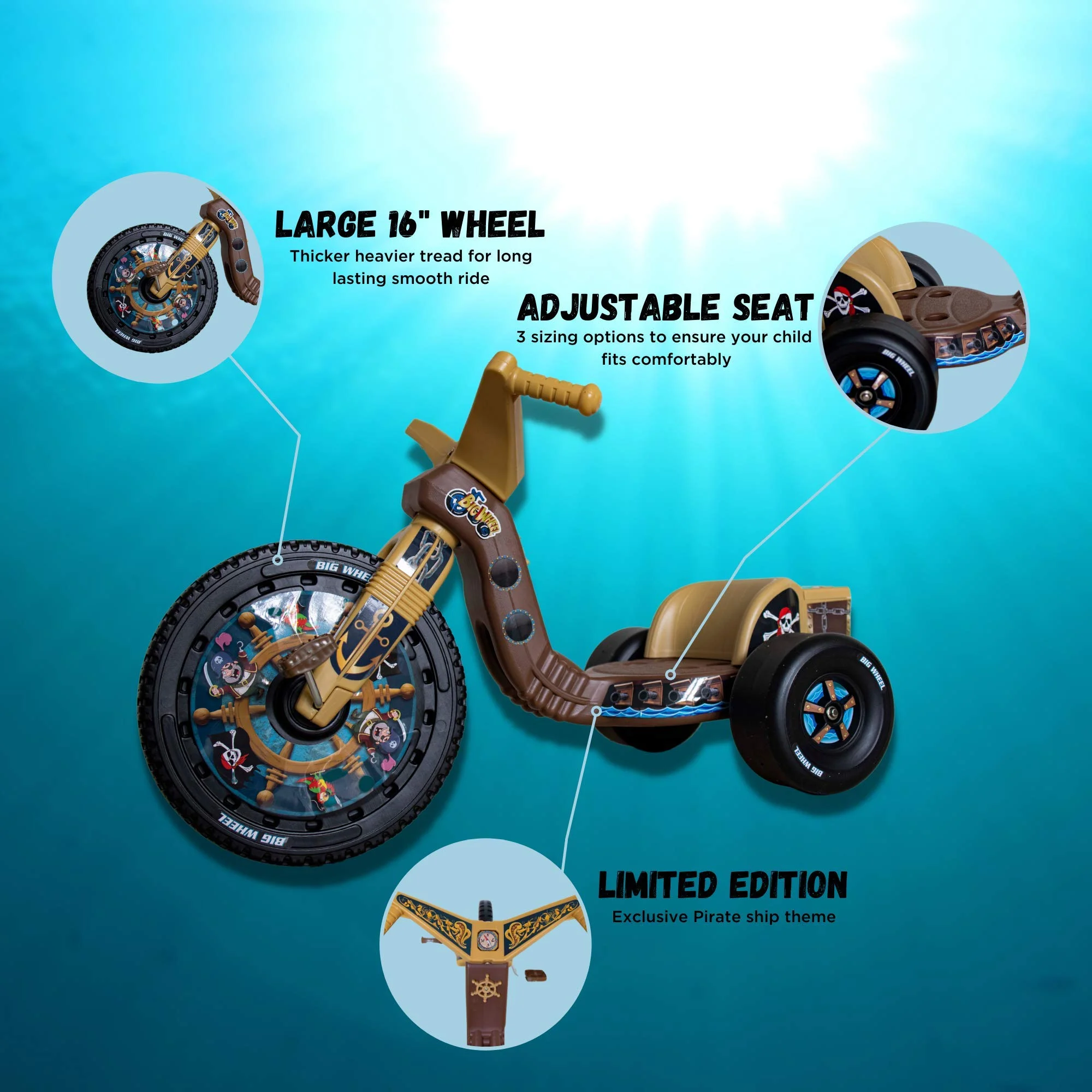 The Original 16 Inch Tricycle for Kids 3-8 Boys Girls Trike Pirate Ship Edition(Brown) - Image 2