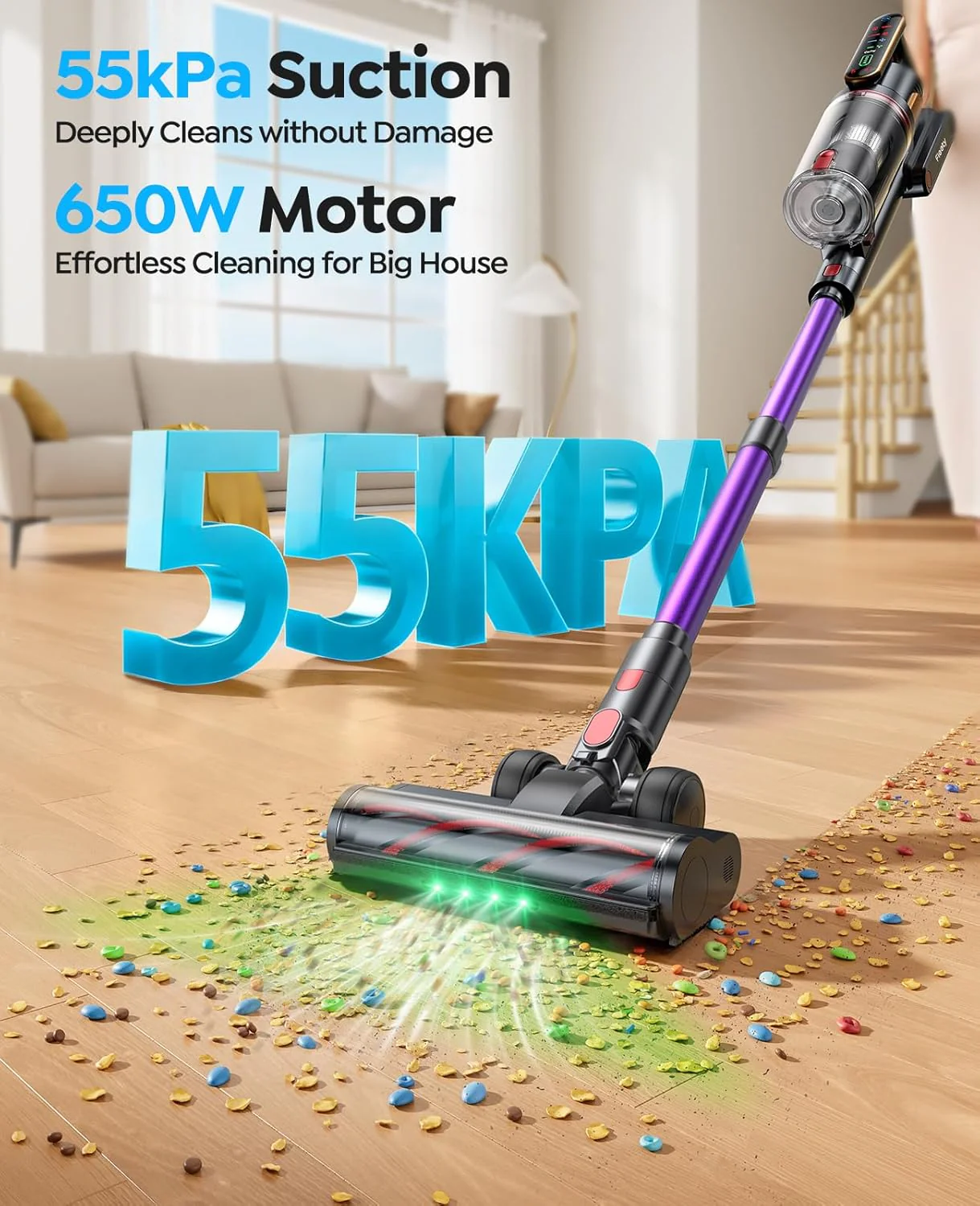 Aspirateur balai sans fil 55 kPa 650 W, autonomie de 70 min, avec brosse pour animaux, tuyau de 1 m, support de charge mural, mode automatique, écran tactile, autoportant, idéal pour les poils d'animaux, les tapis et la voiture, Ultra10
