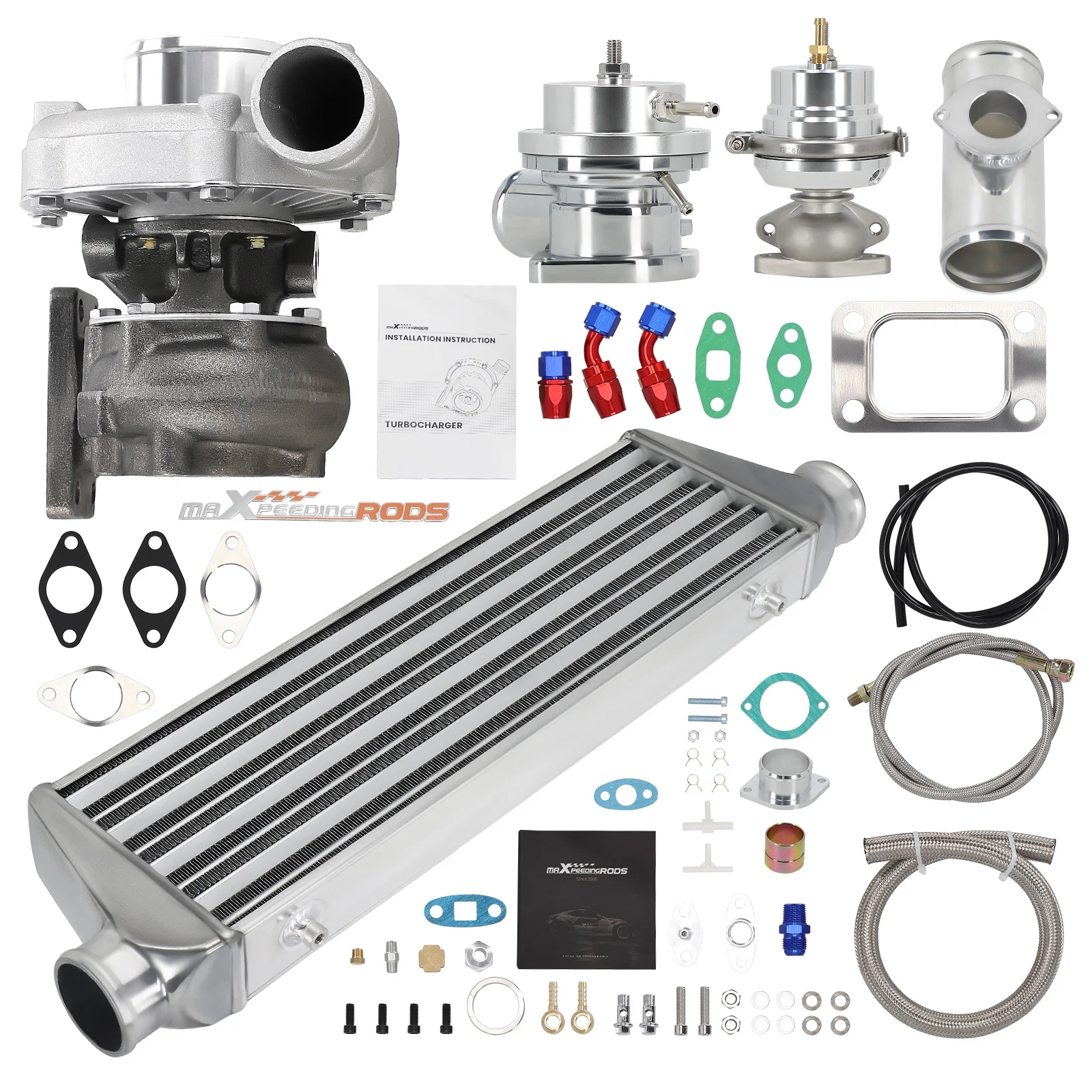 T3 T4 T04E Universal Turbo Turbocharger+Wastegate+ Intercooler+BOV+ Oil Line Kit - Image 4