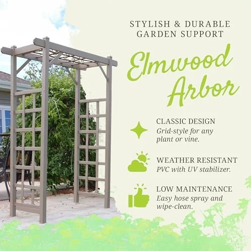 Dura-Trel PVC Garden Arbor, Arch Support for Climbing Plants, Elmwood, Mocha, 57 x 85